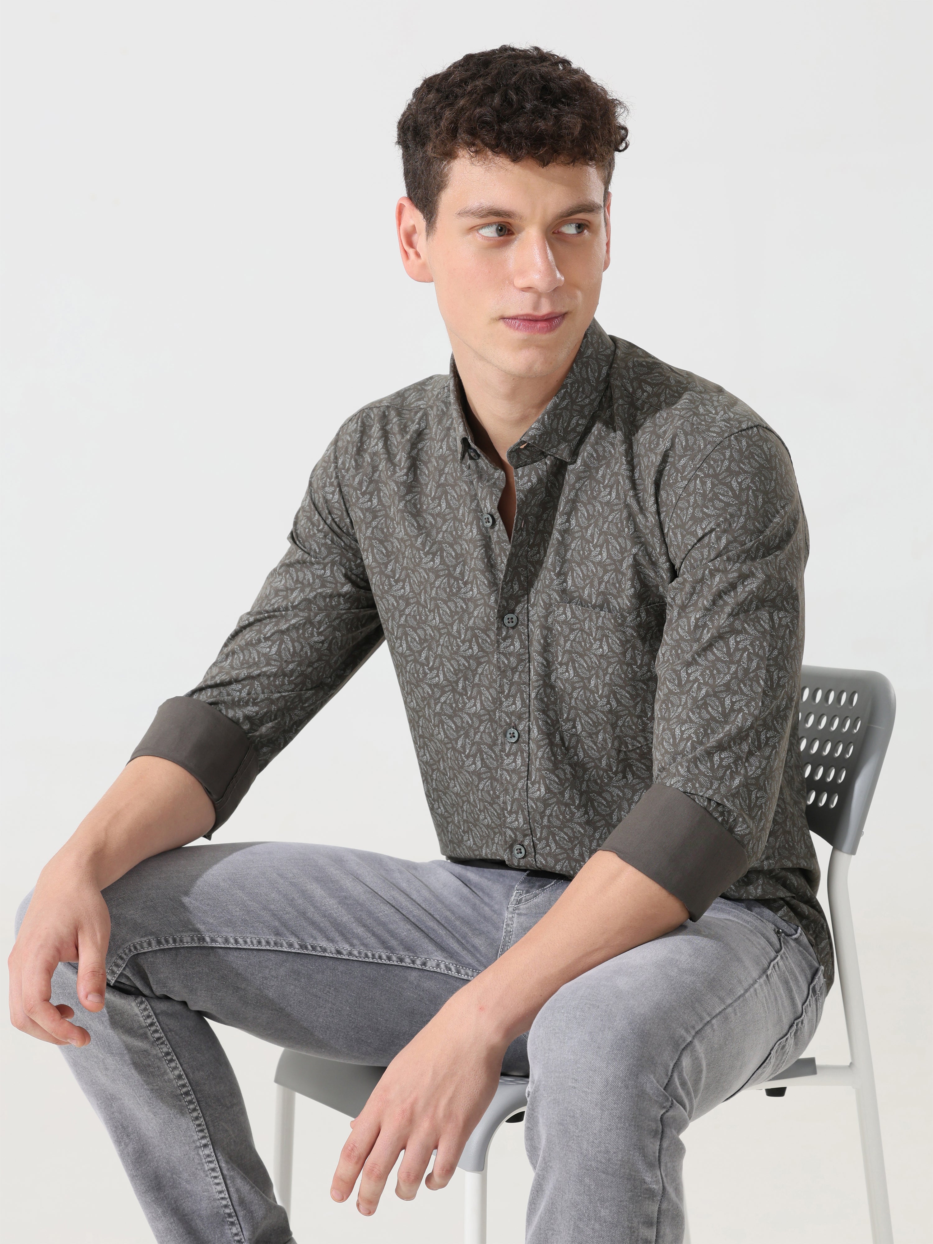 pewter printed slim fit shirts - Address pro