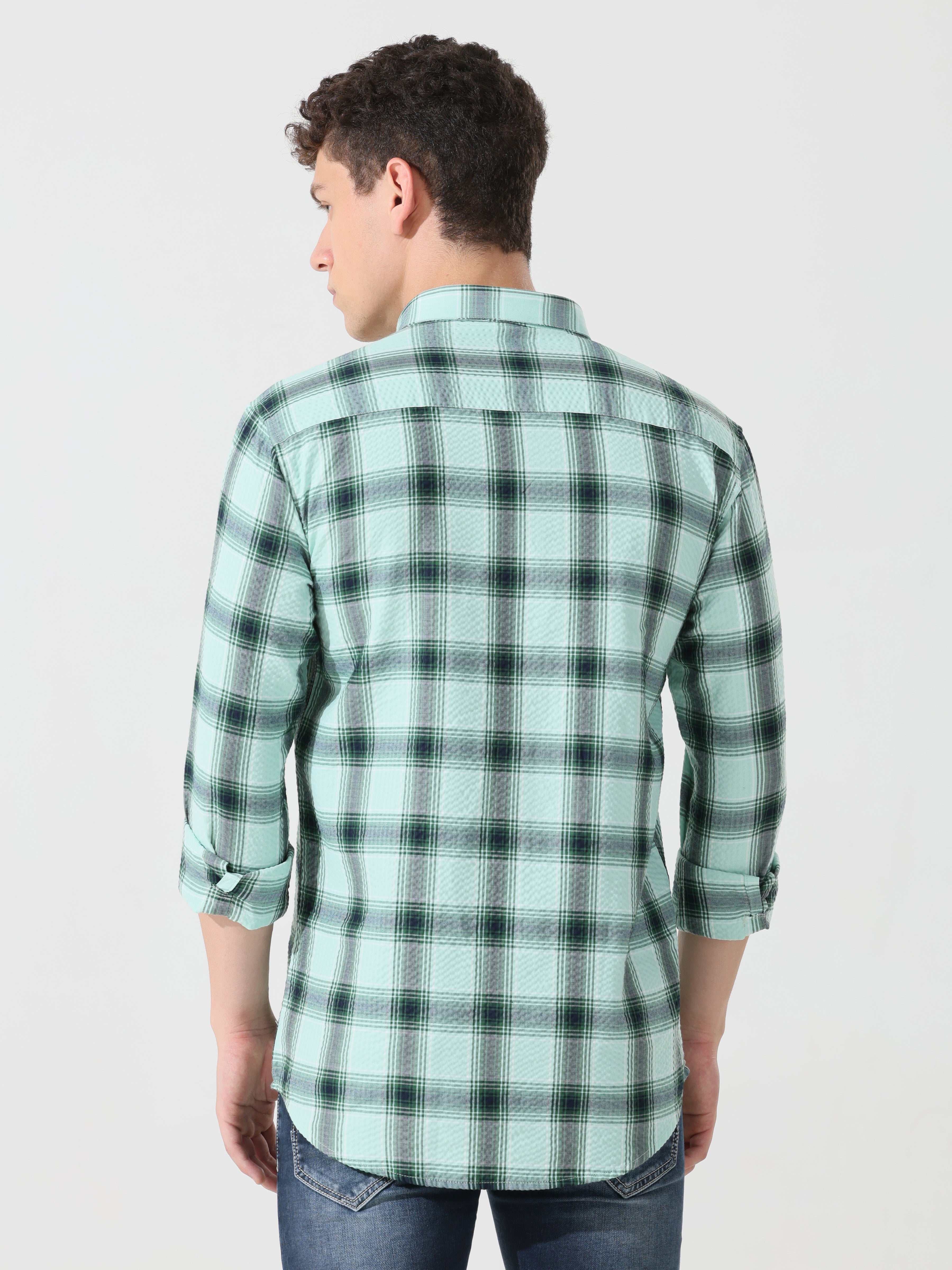Seafoam seersucker Slim fit check shirt - Address pro