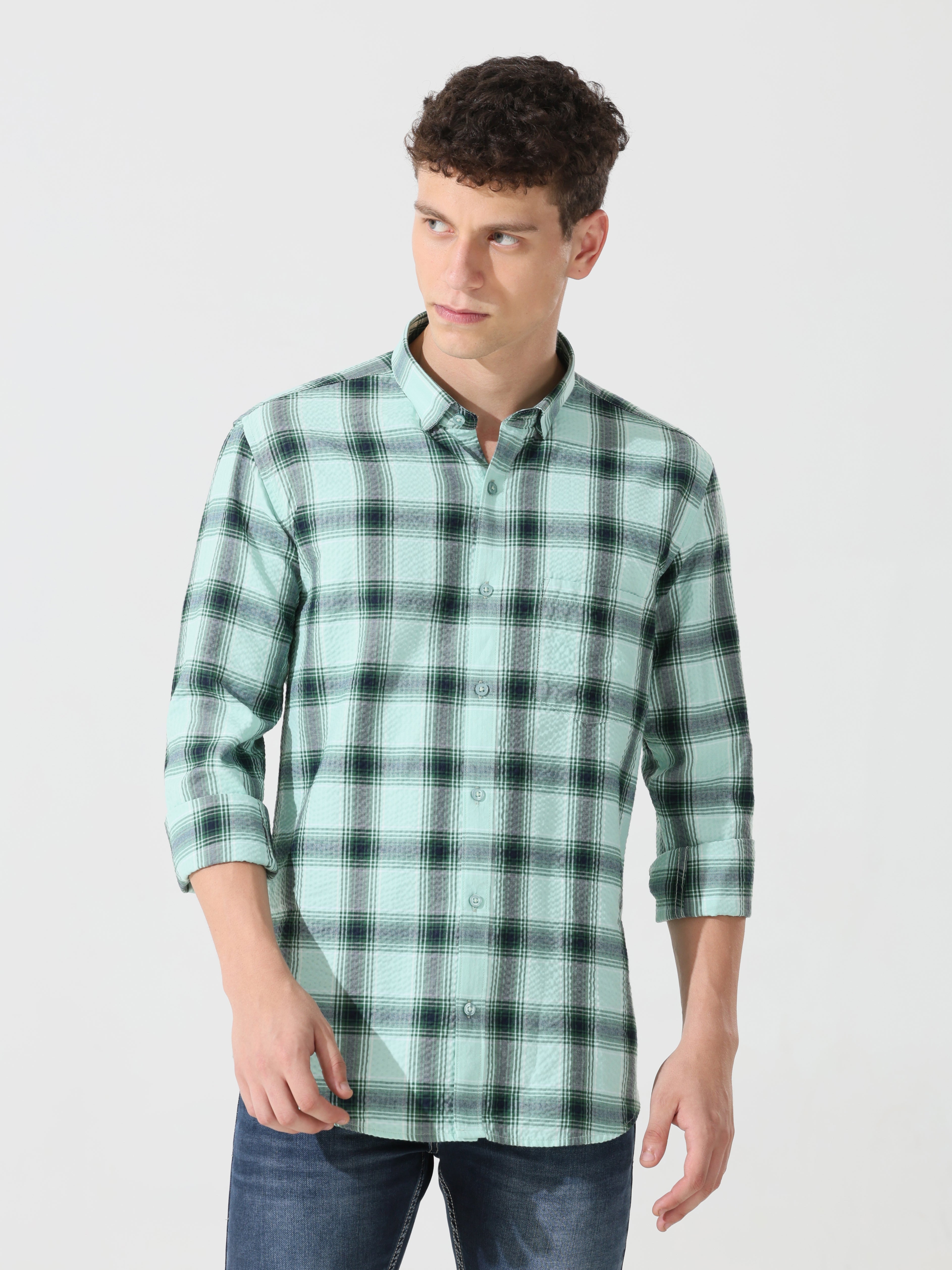 Seafoam seersucker Slim fit check shirt - Address pro