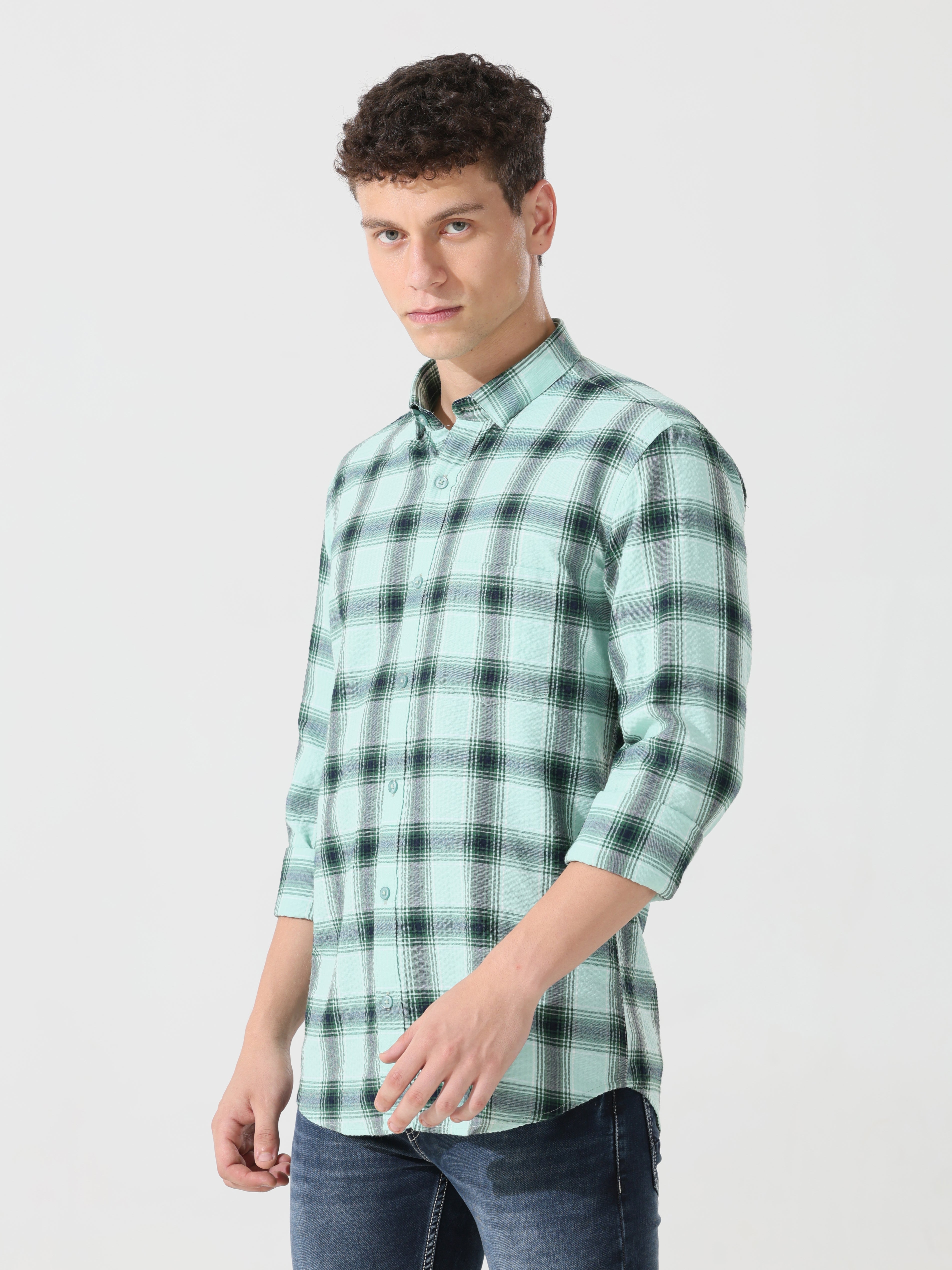 Seafoam seersucker Slim fit check shirt - Address pro
