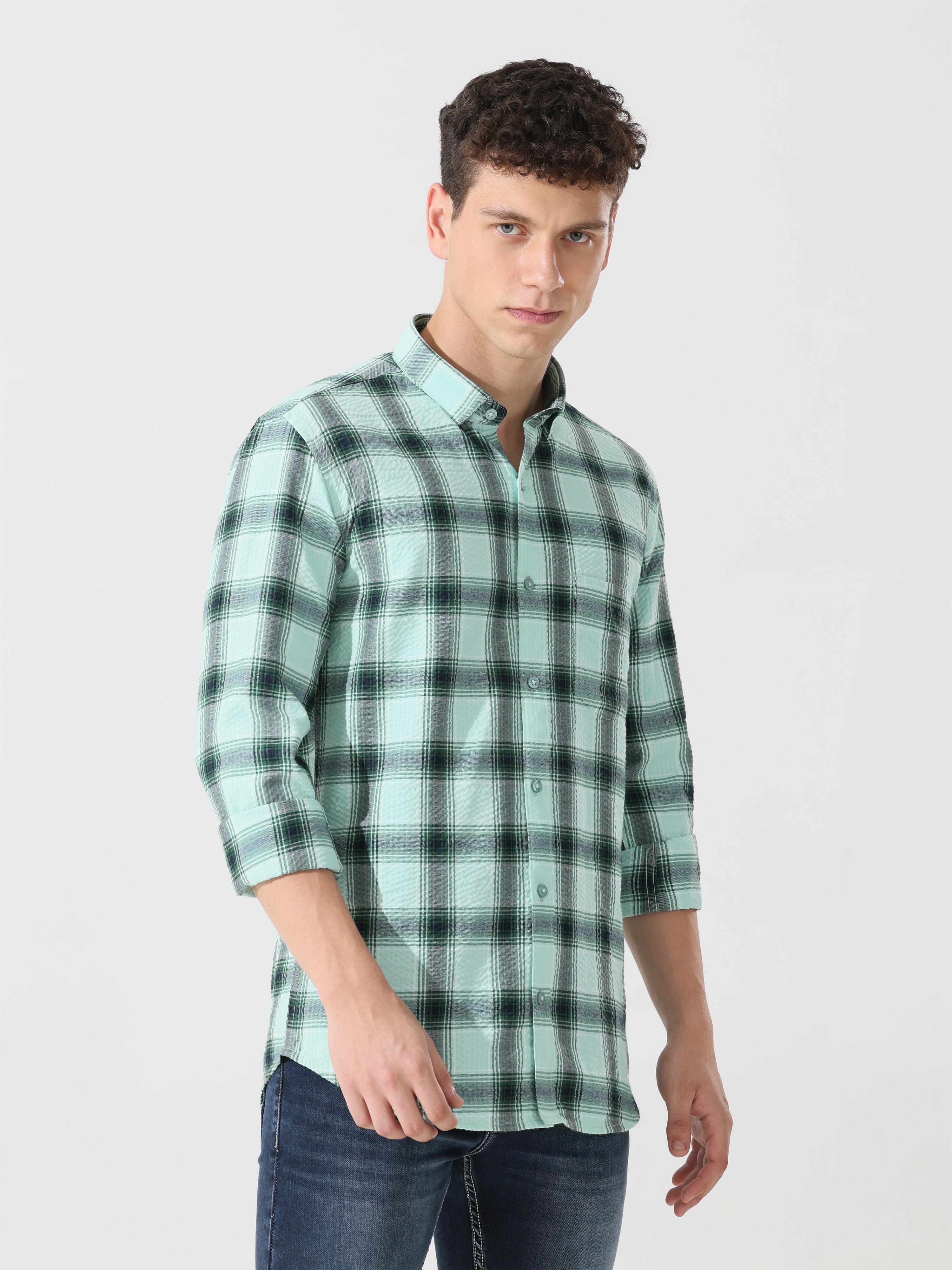 Seafoam seersucker Slim fit check shirt - Address pro