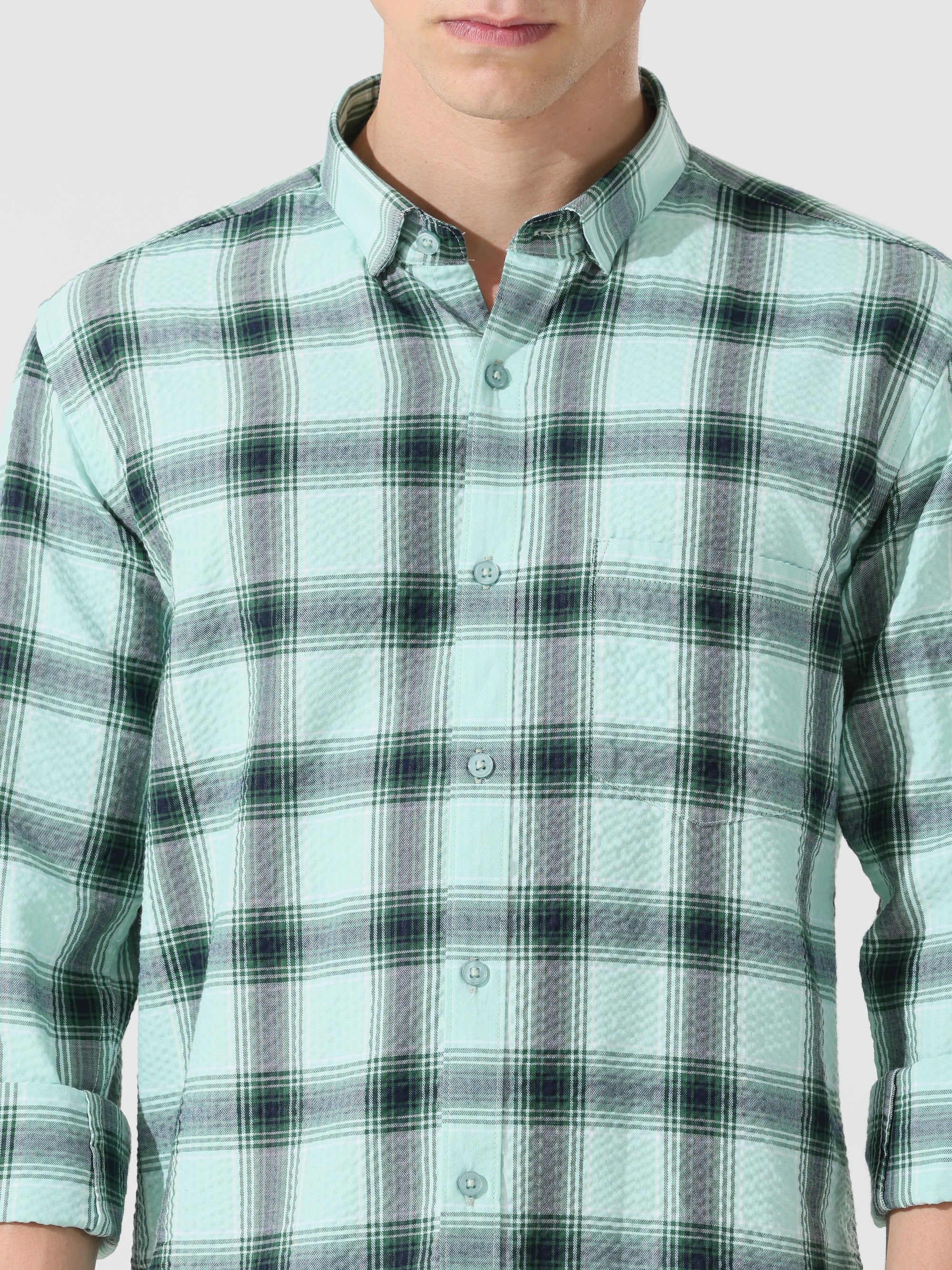 Seafoam seersucker Slim fit  check shirt - Address pro