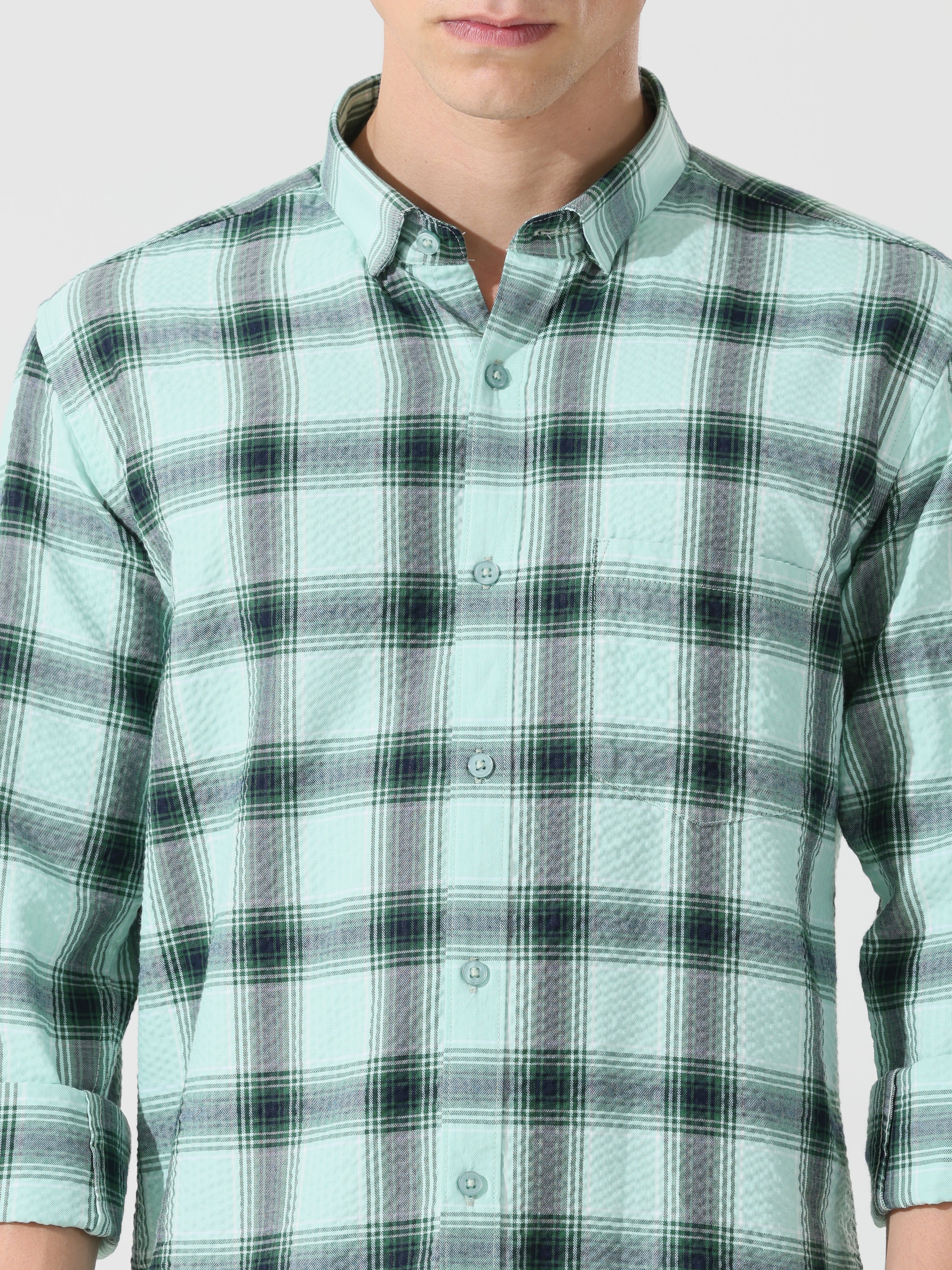 Seafoam seersucker Slim fit check shirt - Address pro