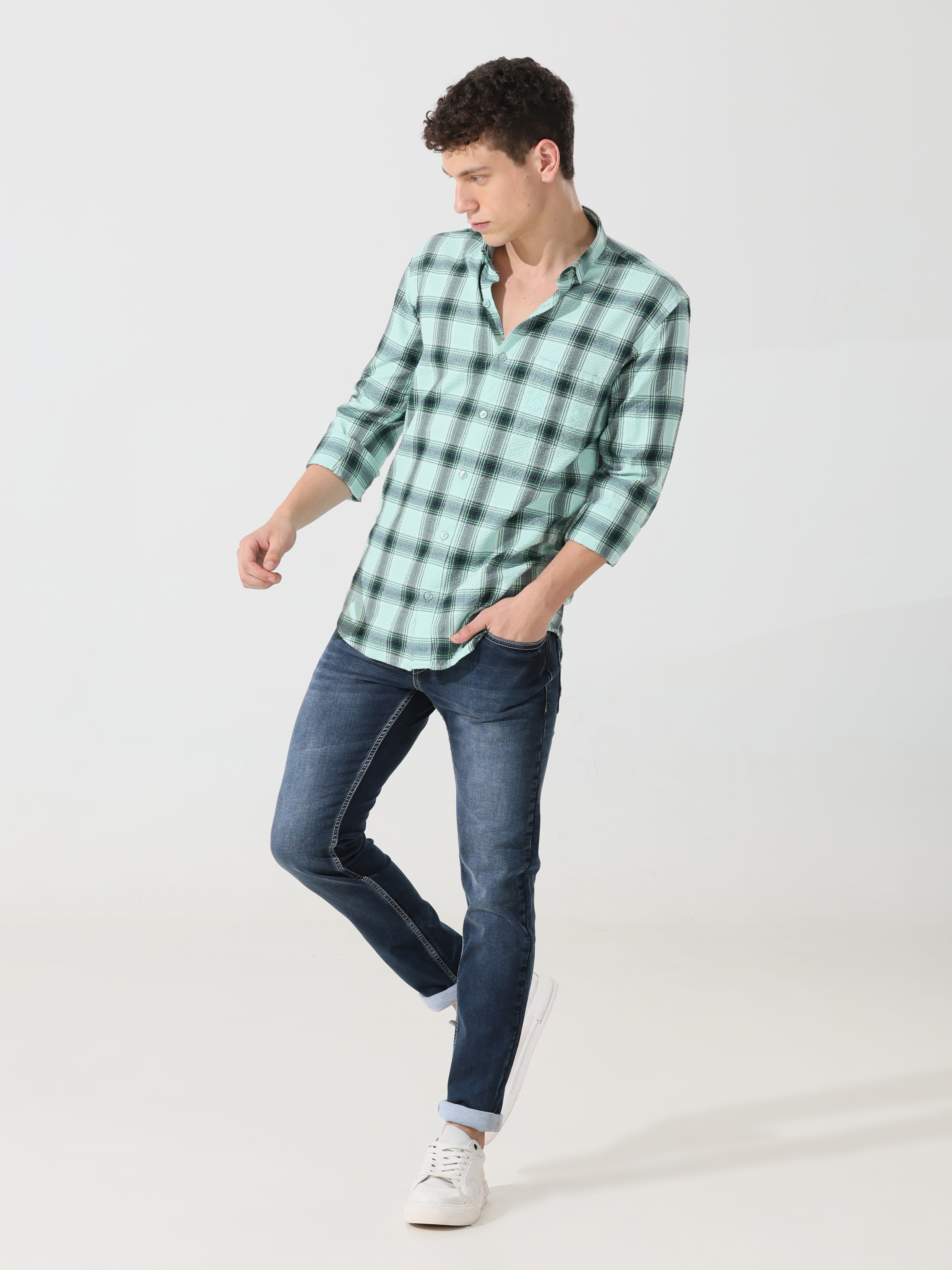 Seafoam seersucker Slim fit check shirt - Address pro