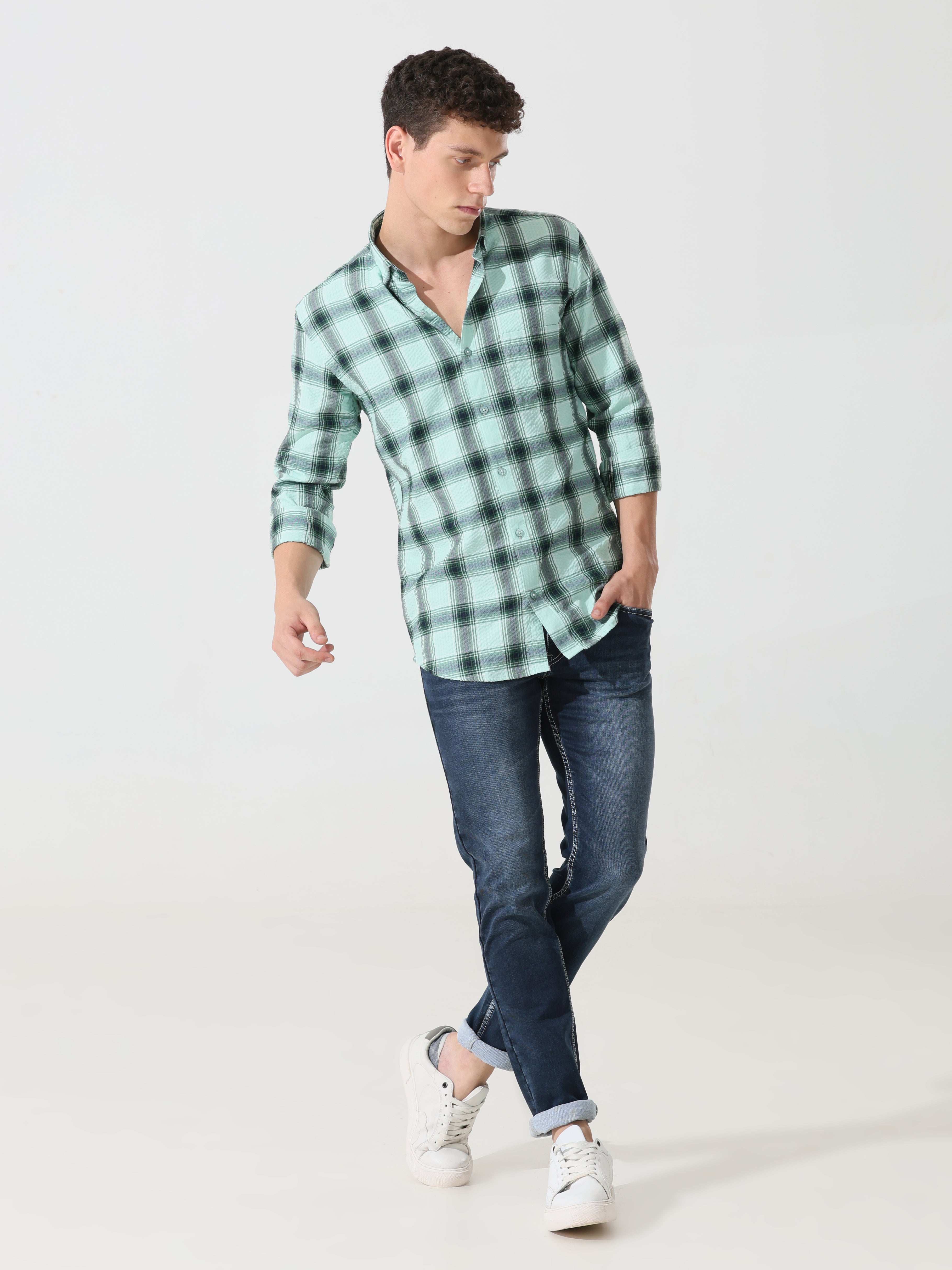 Seafoam seersucker Slim fit check shirt - Address pro