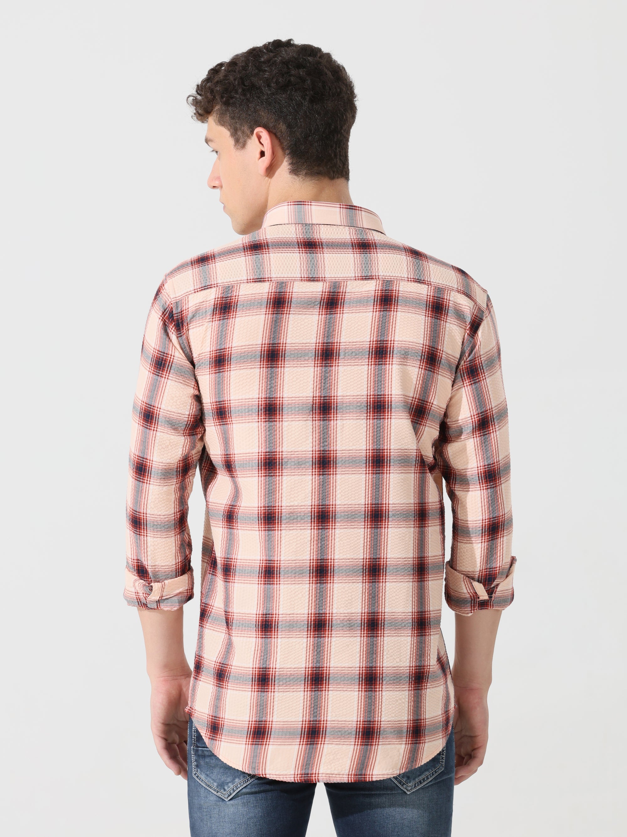 Peach puff seersucker Slim fit  check shirt - Address pro