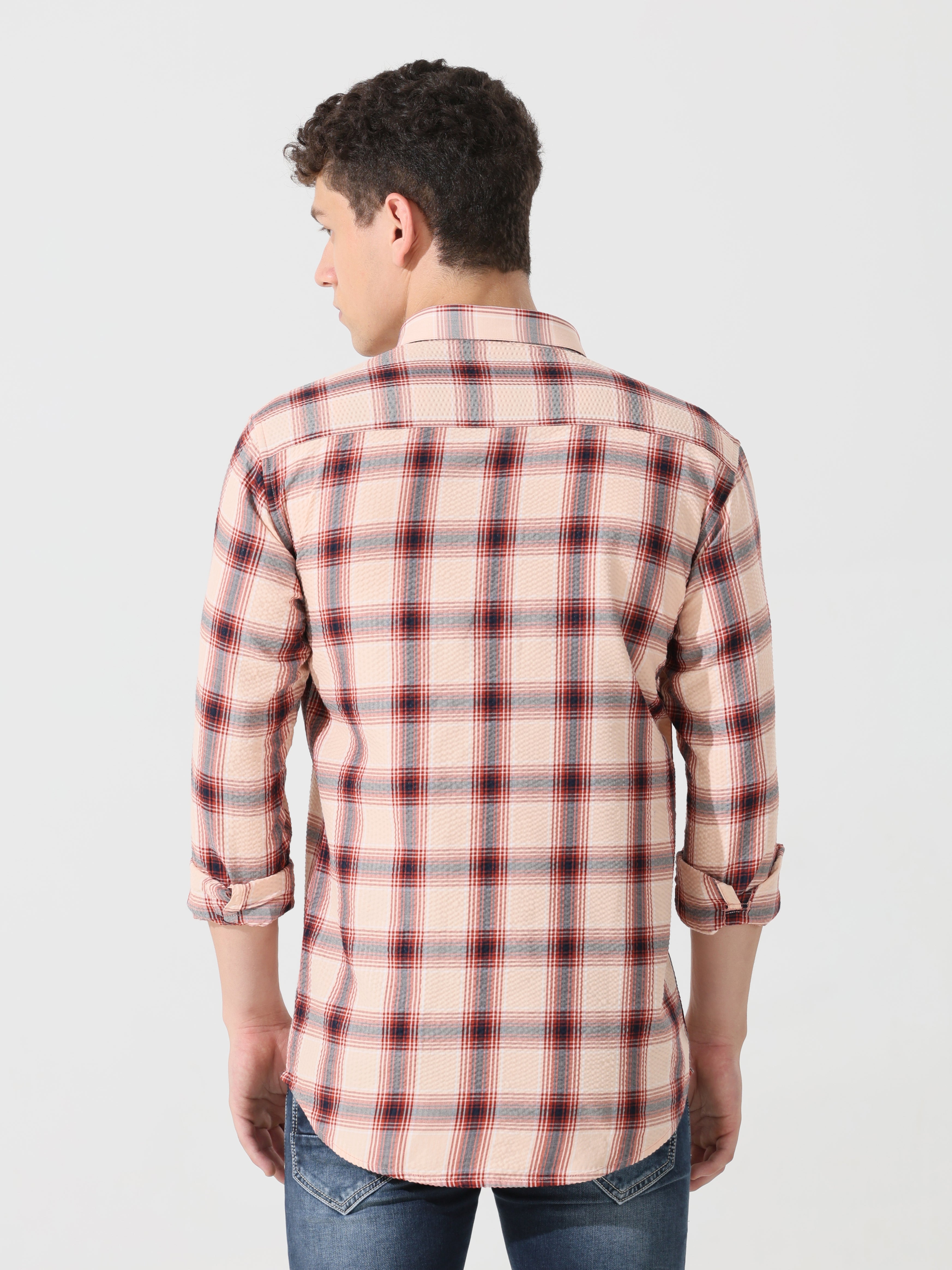 Peach puff seersucker Slim fit check shirt - Address pro