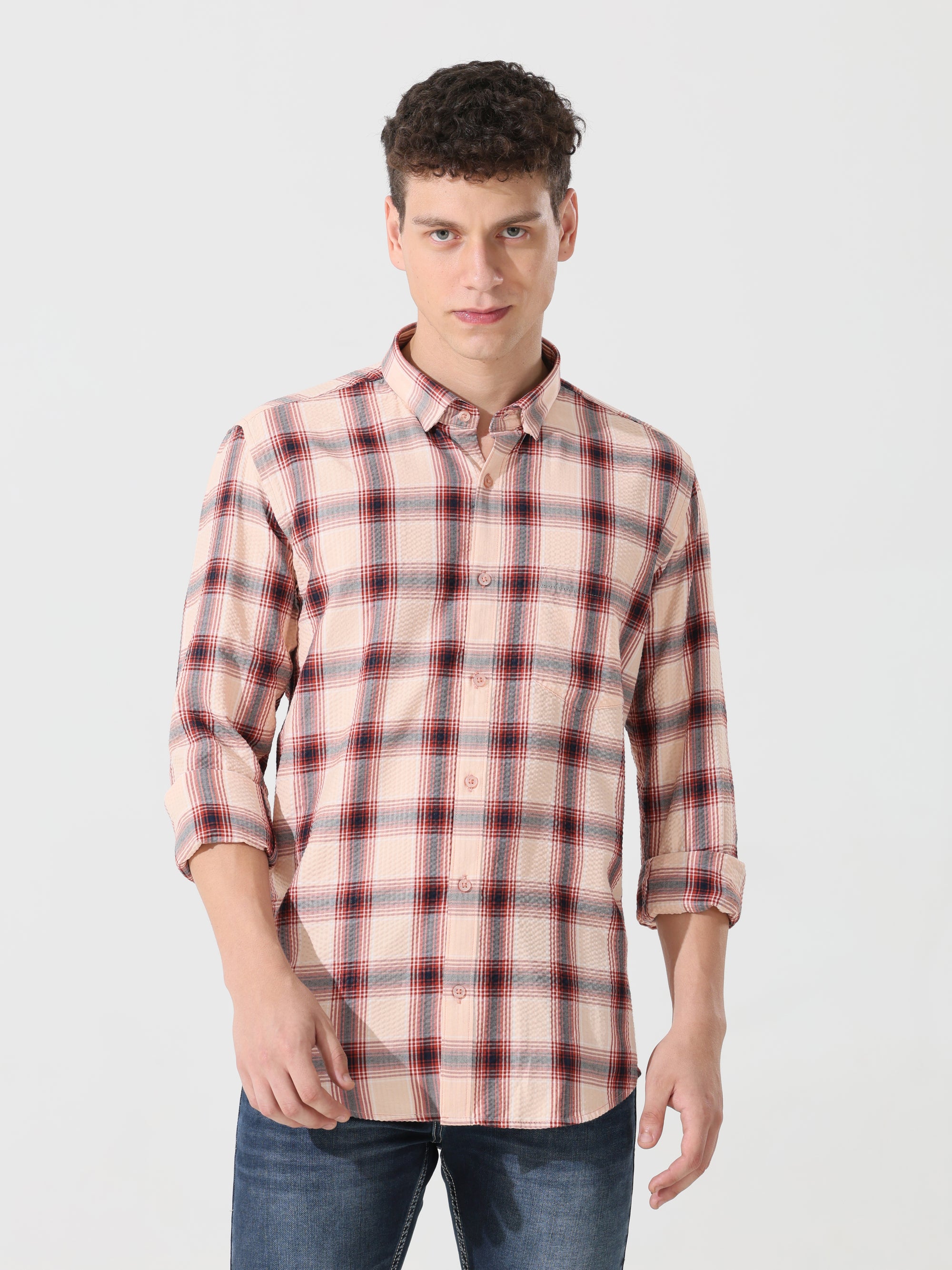 Peach puff seersucker Slim fit  check shirt - Address pro