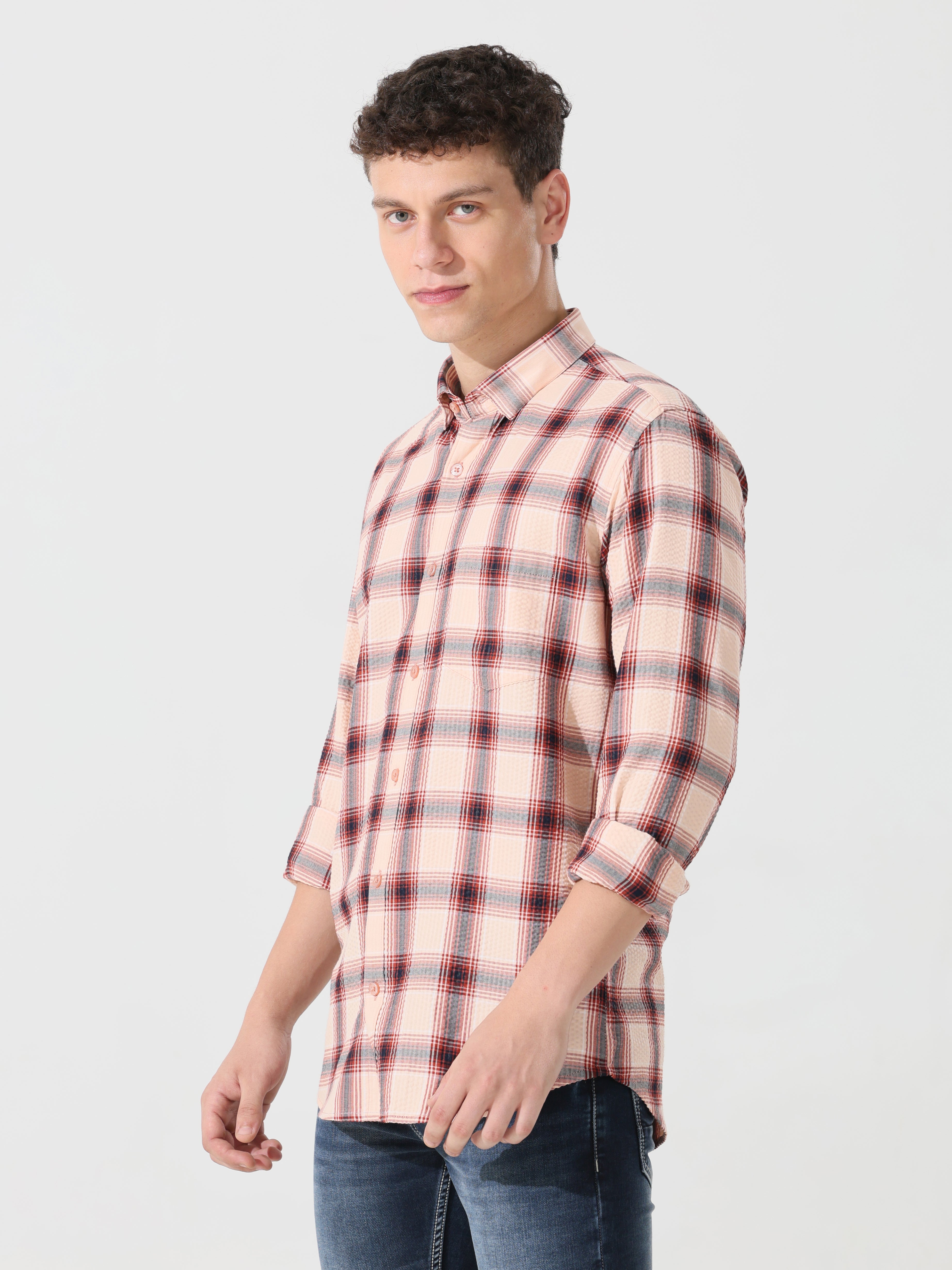 Peach puff seersucker Slim fit check shirt - Address pro