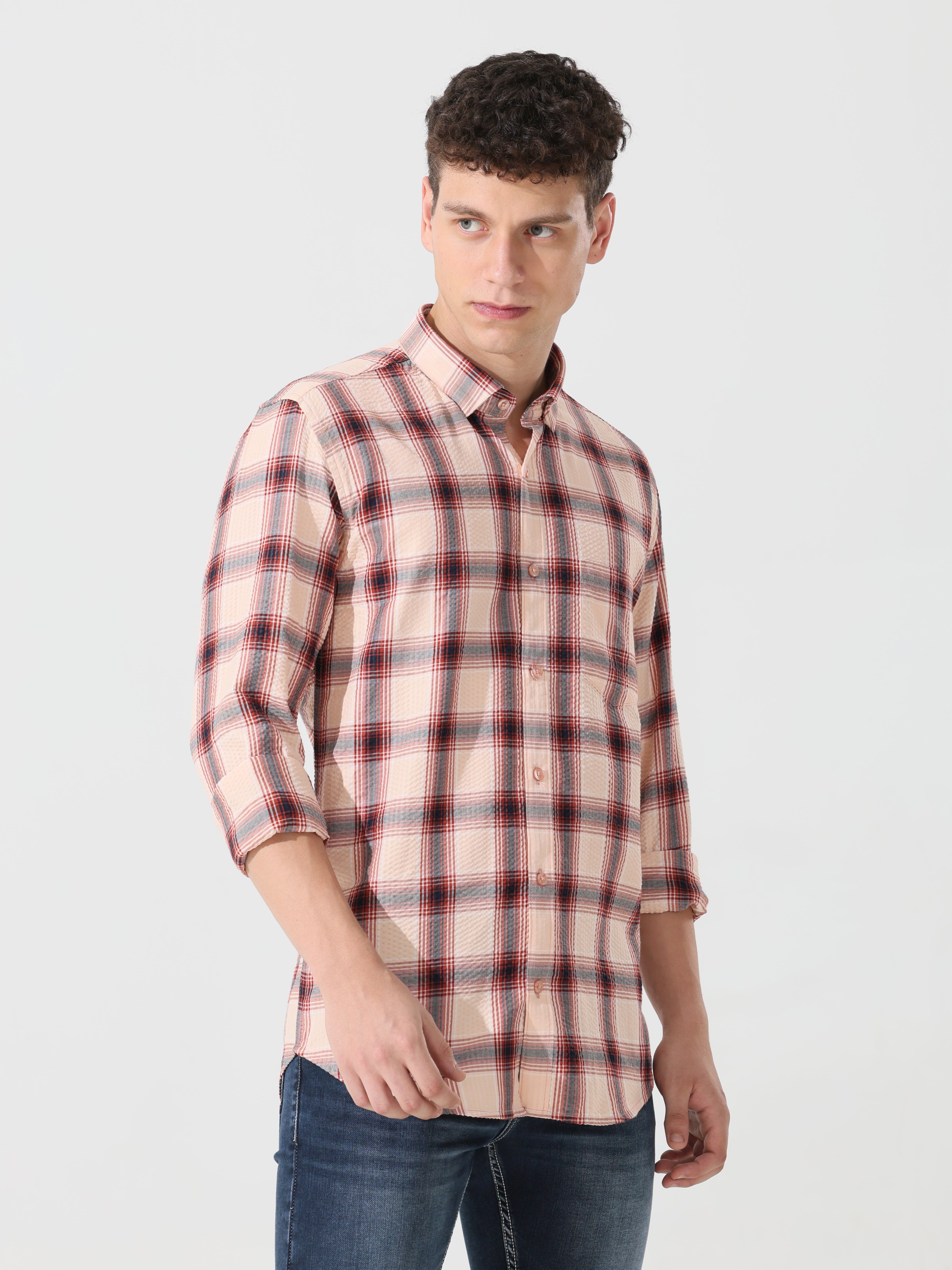 Peach puff seersucker Slim fit check shirt - Address pro