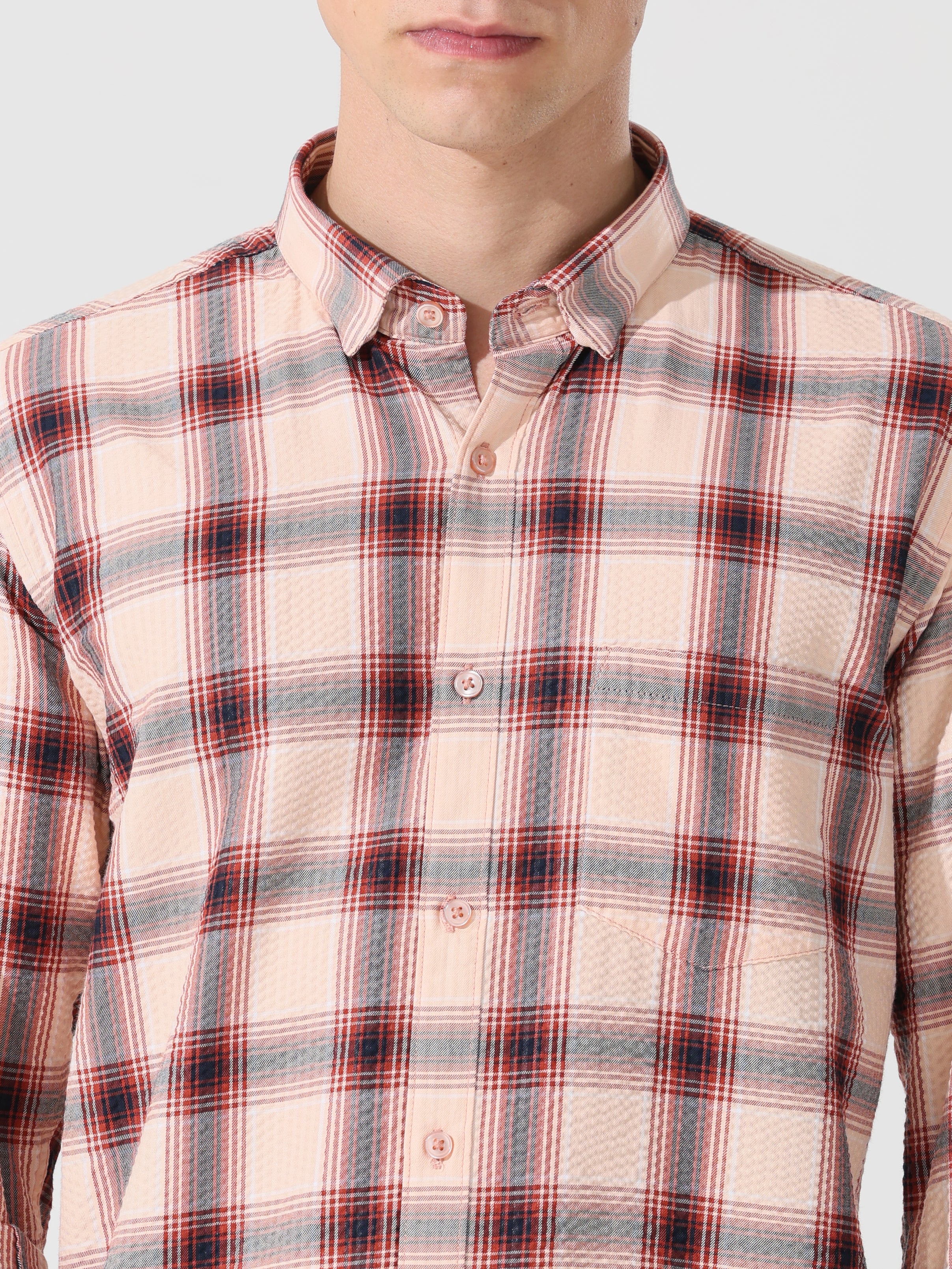 Peach puff seersucker Slim fit check shirt - Address pro