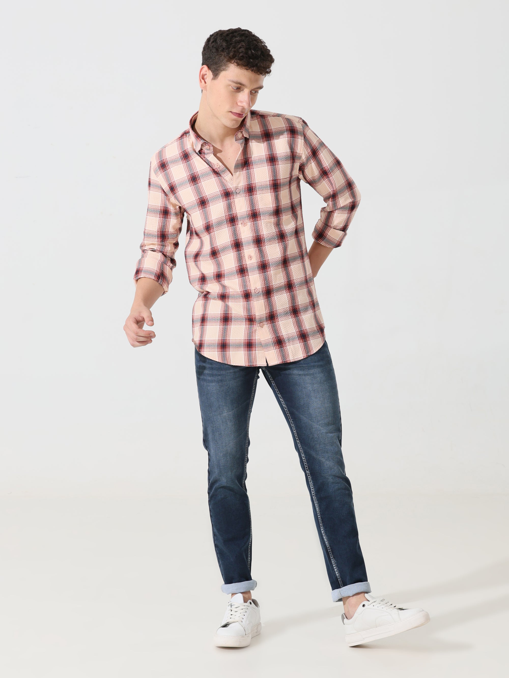 Peach puff seersucker Slim fit  check shirt - Address pro