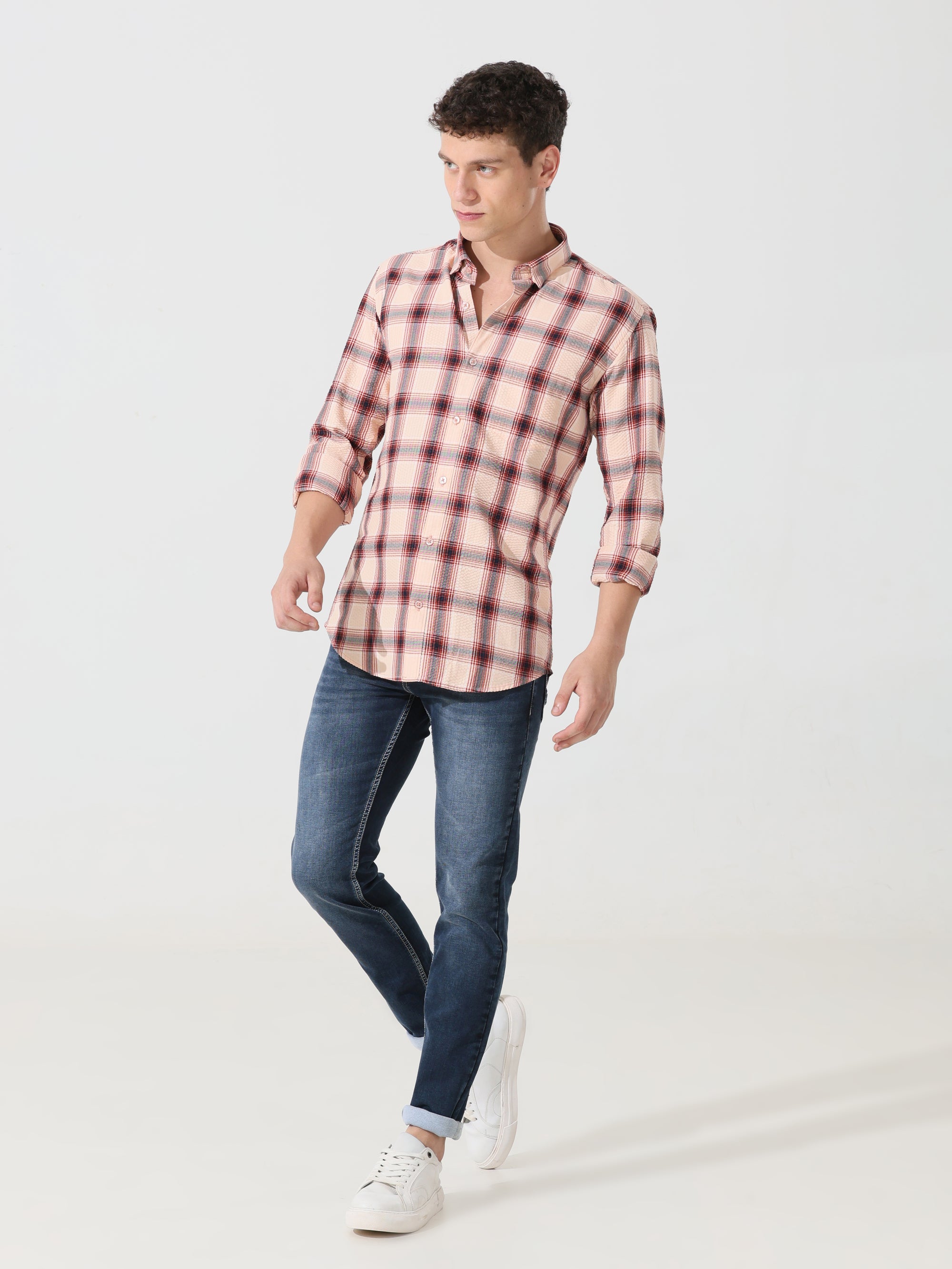 Peach puff seersucker Slim fit  check shirt - Address pro