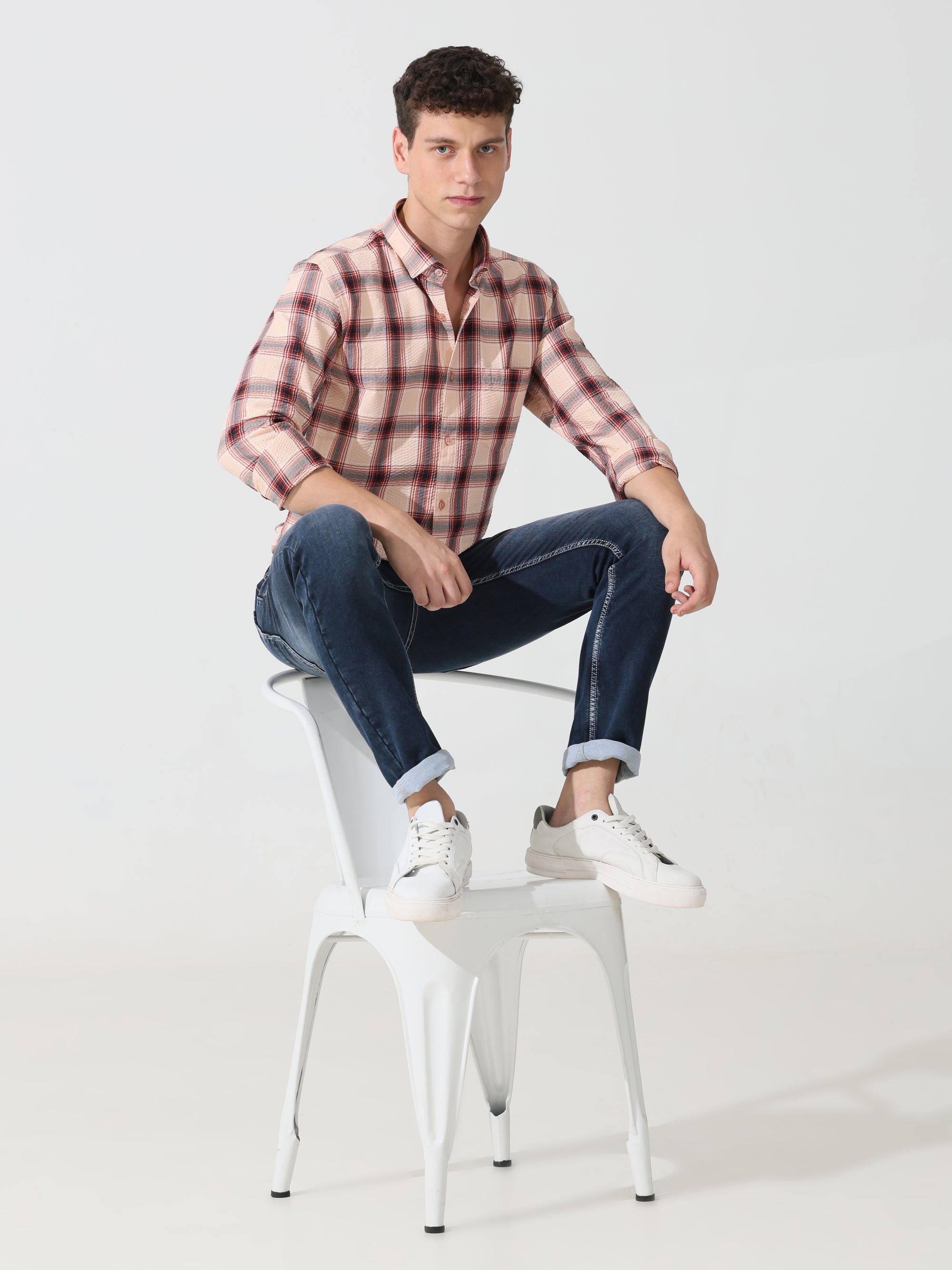 Peach puff seersucker Slim fit  check shirt - Address pro