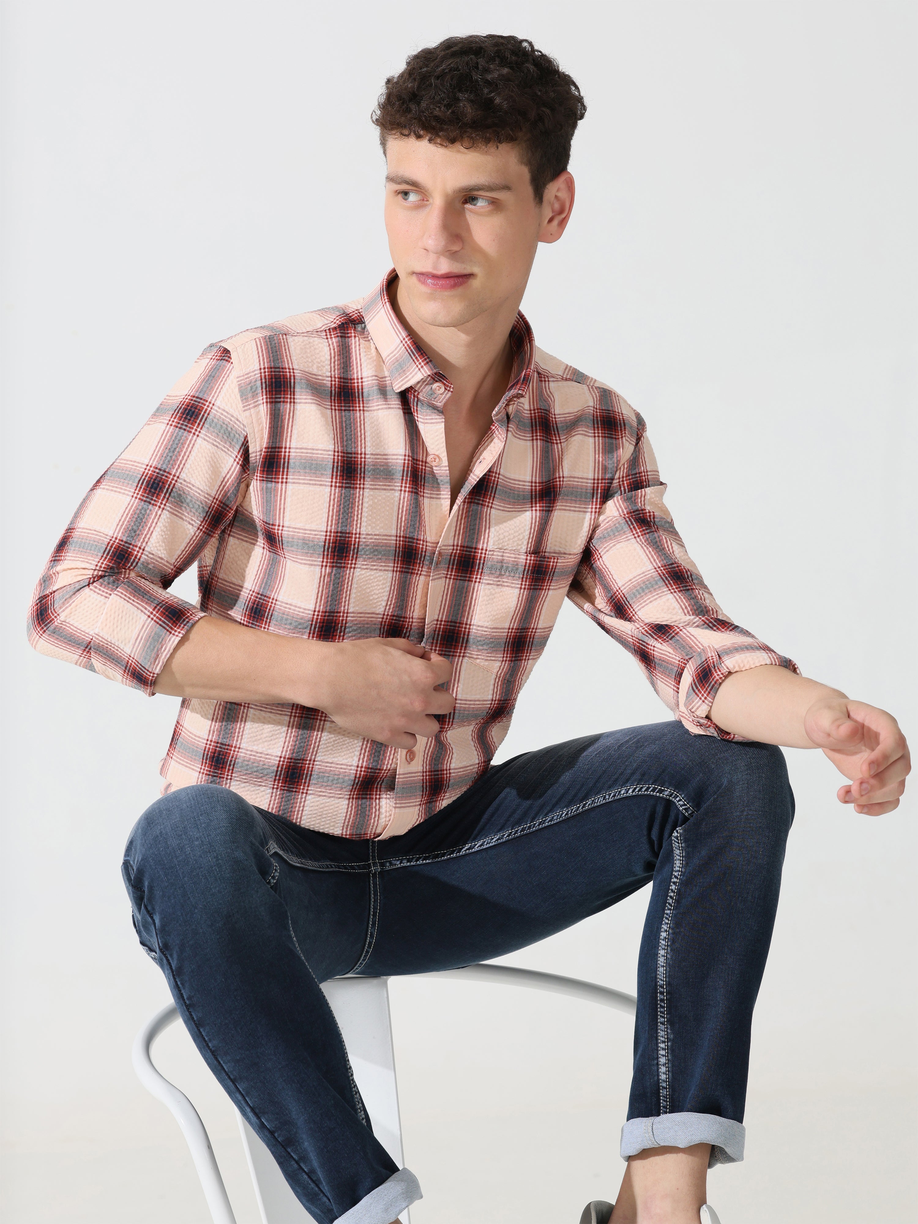 Peach puff seersucker Slim fit check shirt - Address pro