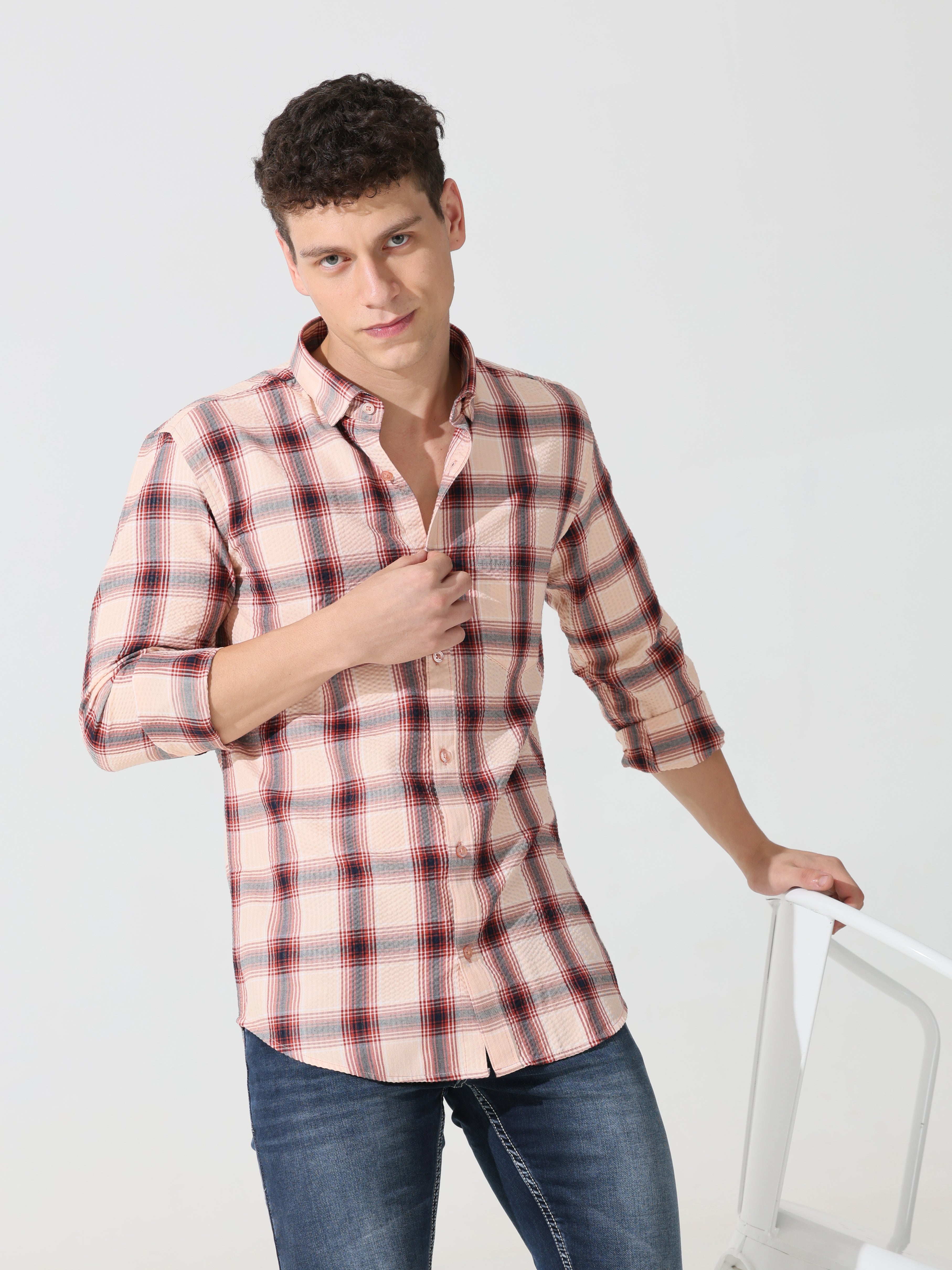 Peach puff seersucker Slim fit check shirt - Address pro