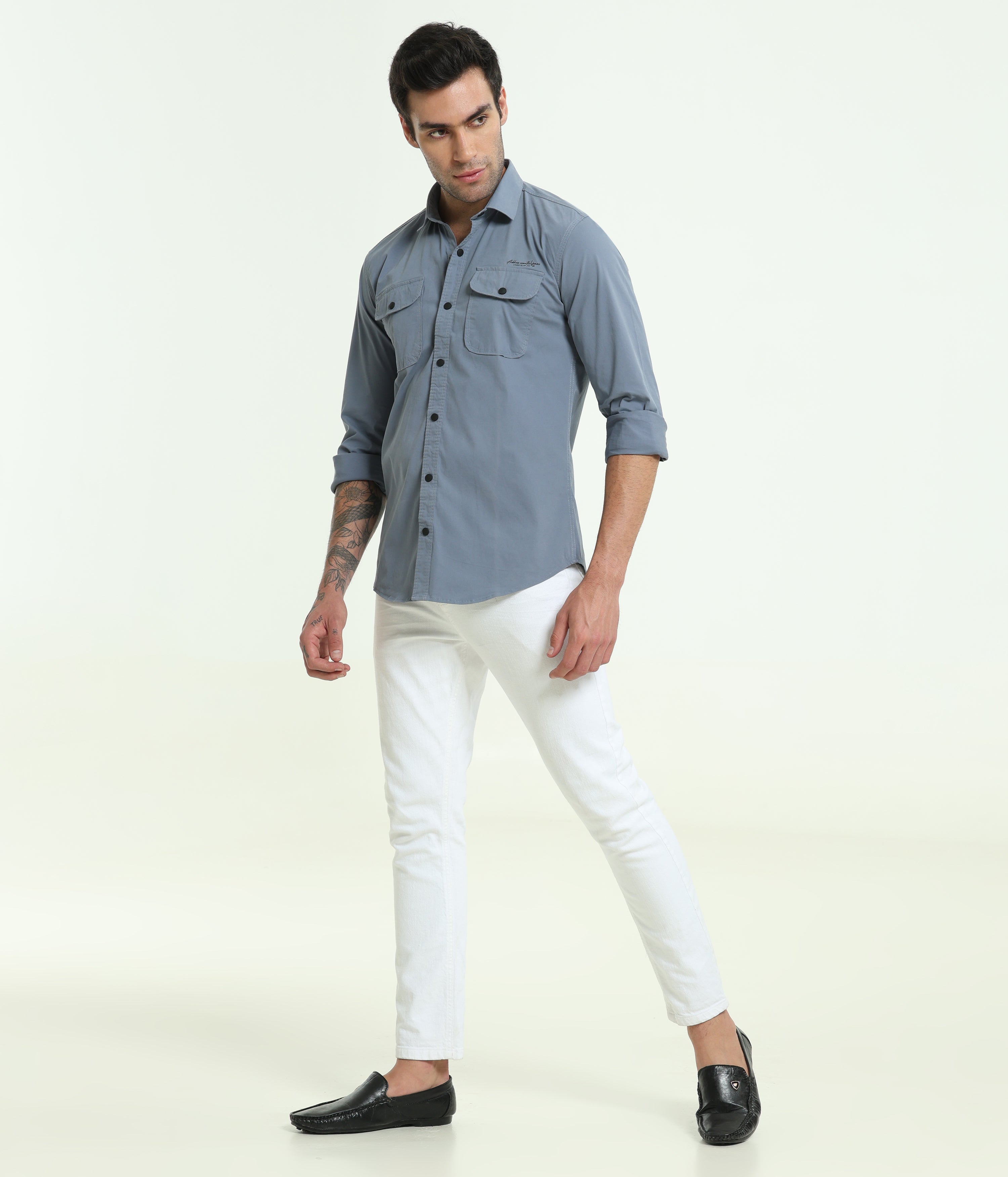 Cadet Blue Double Pocket Slim Fit Shirt