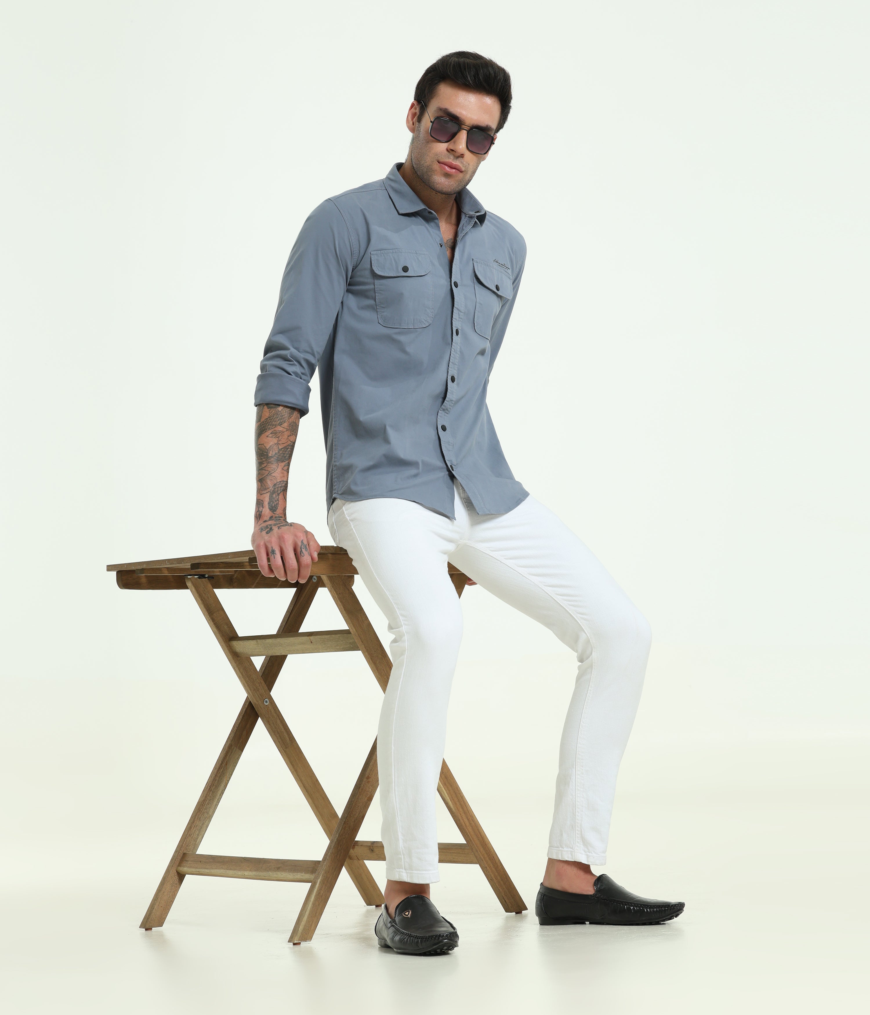 Cadet Blue Double Pocket Slim Fit Shirt