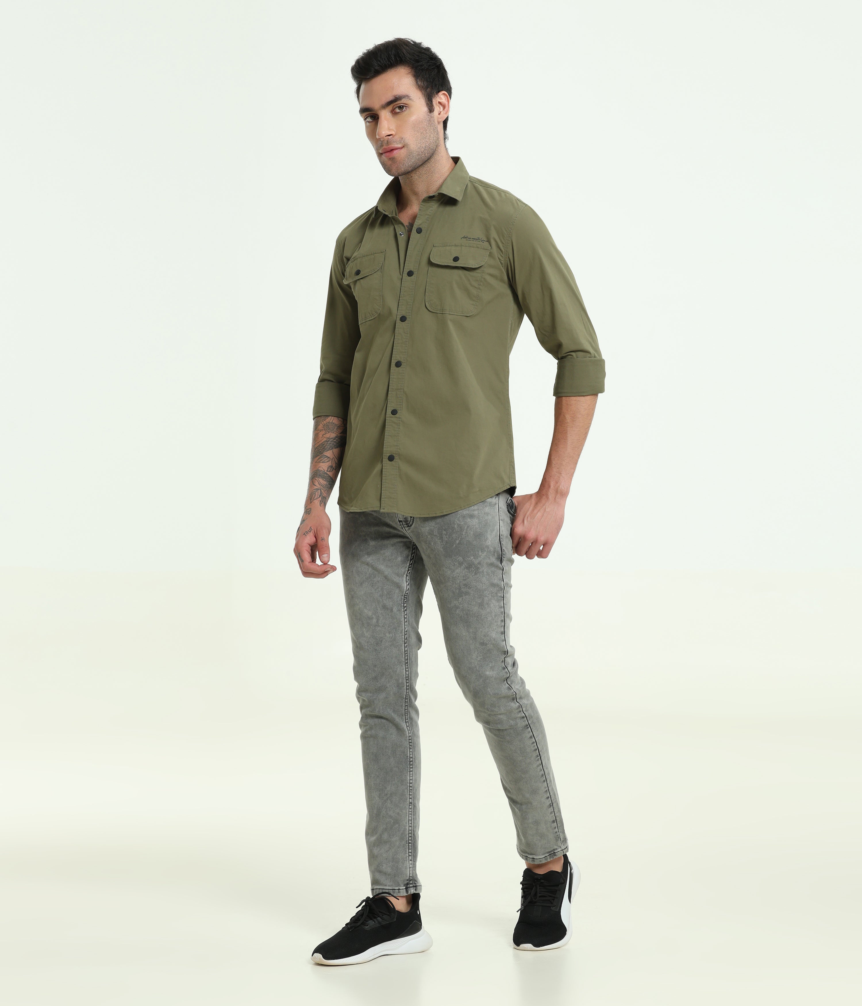 Olive Double Pocket Slim Fit Shirt