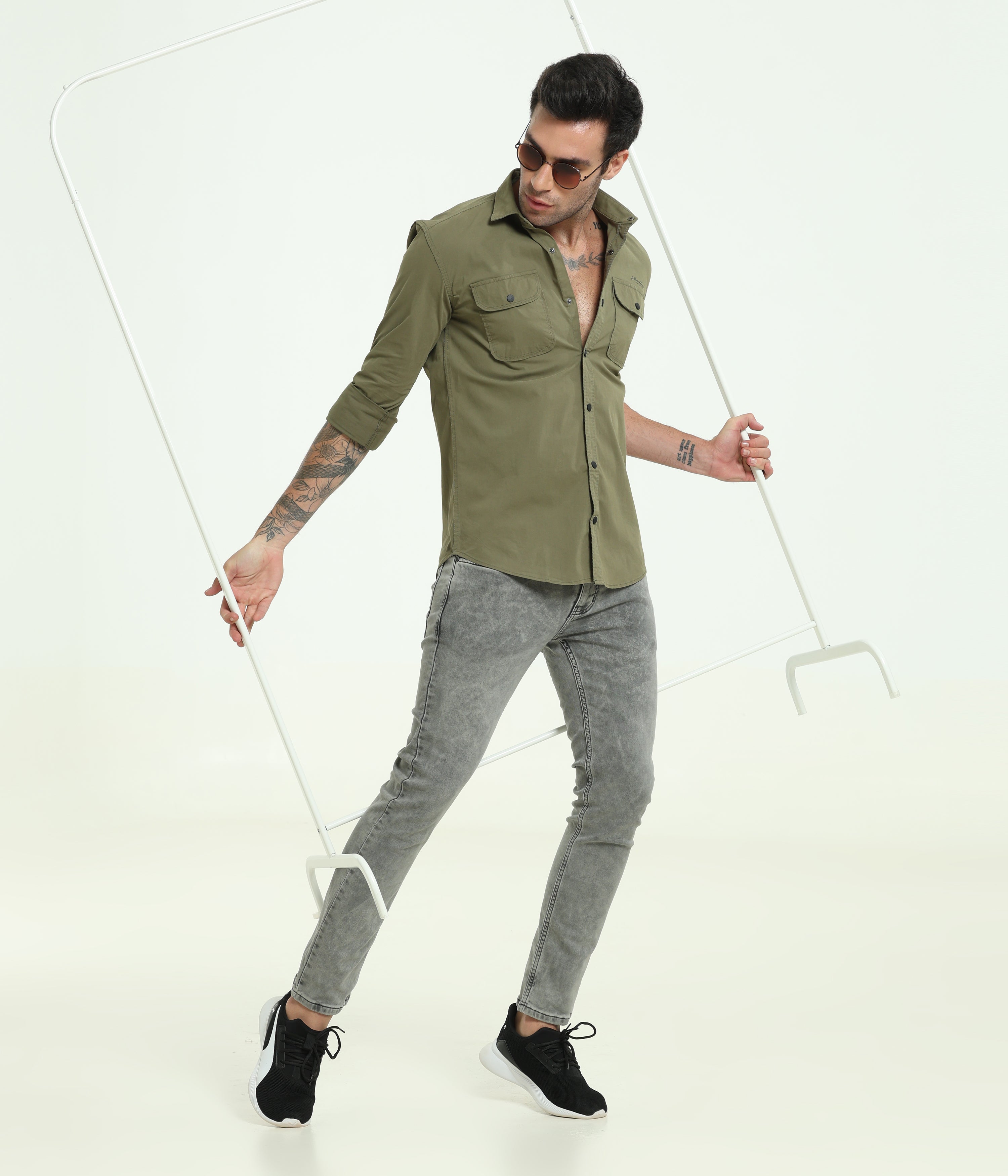 Olive Double Pocket Slim Fit Shirt