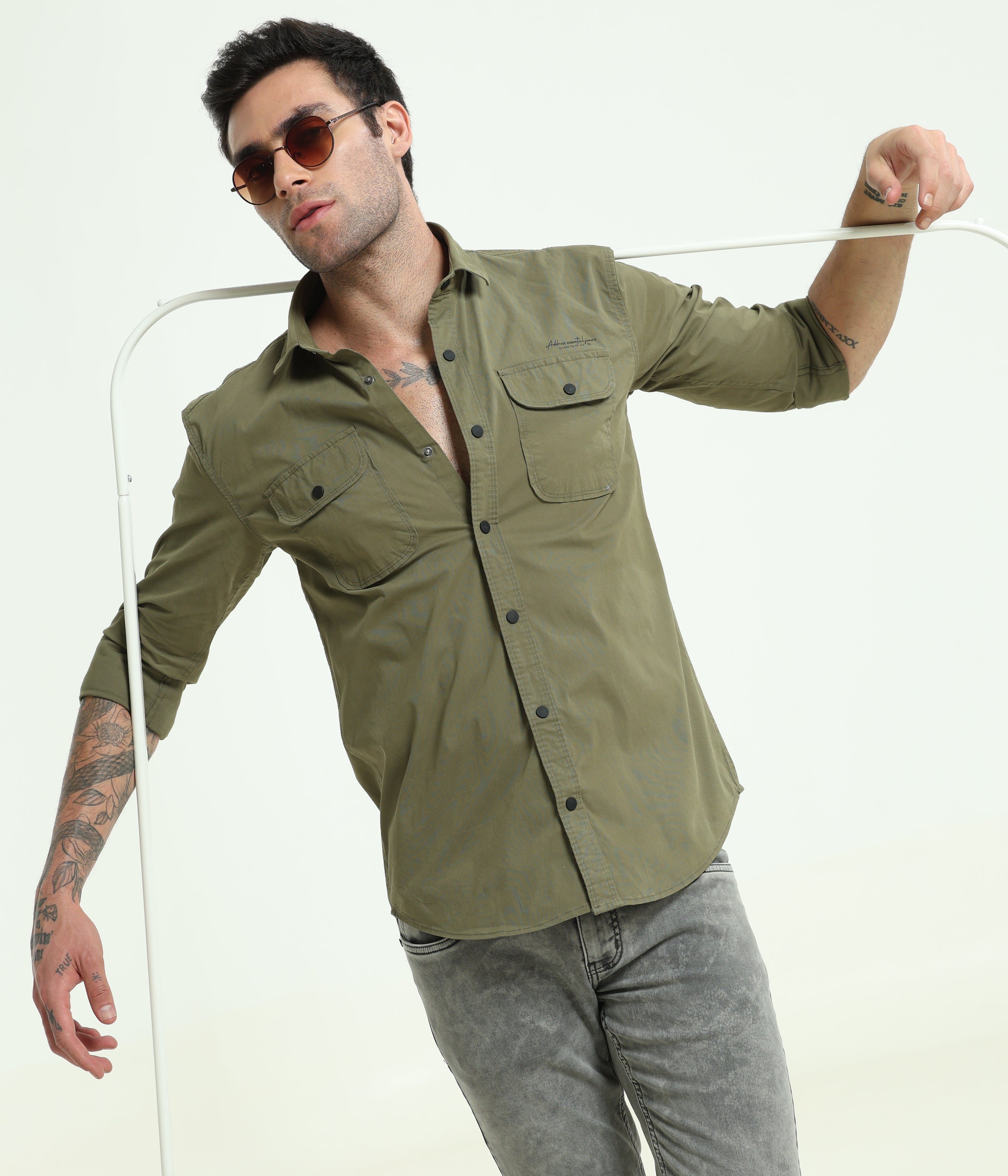 Olive Double Pocket Slim Fit Shirt