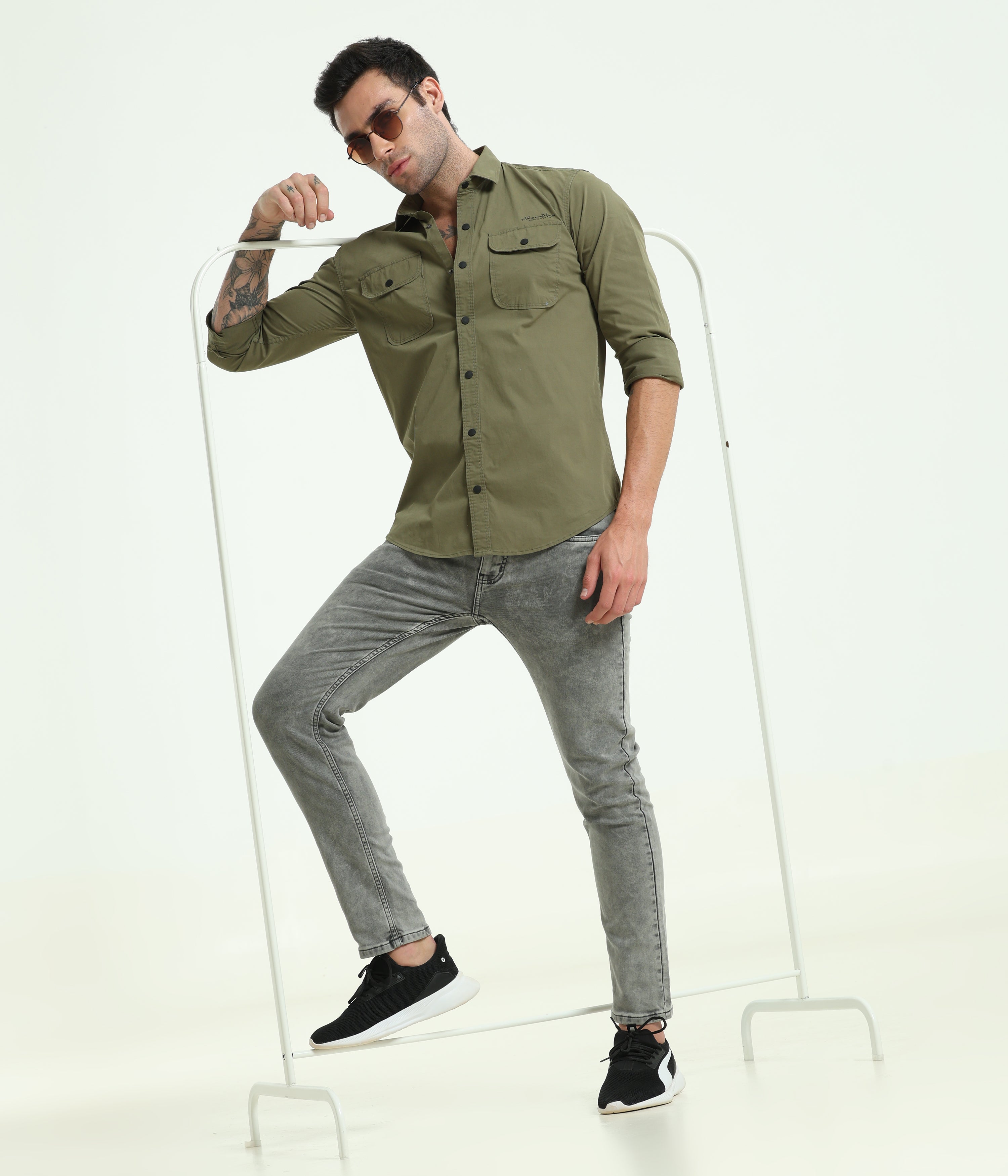 Olive Double Pocket Slim Fit Shirt