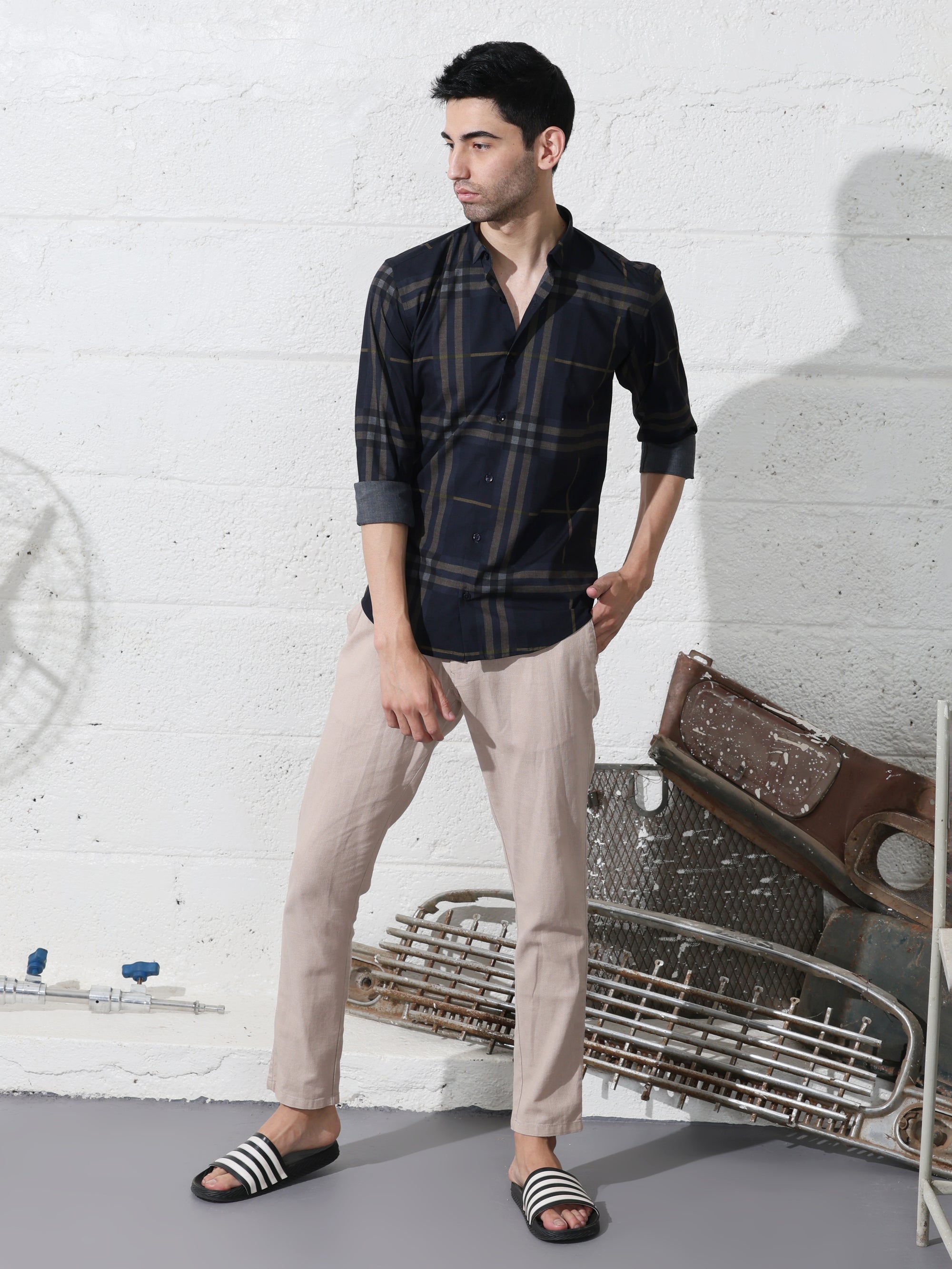 Navy blue slim fit digital checks printed shirt