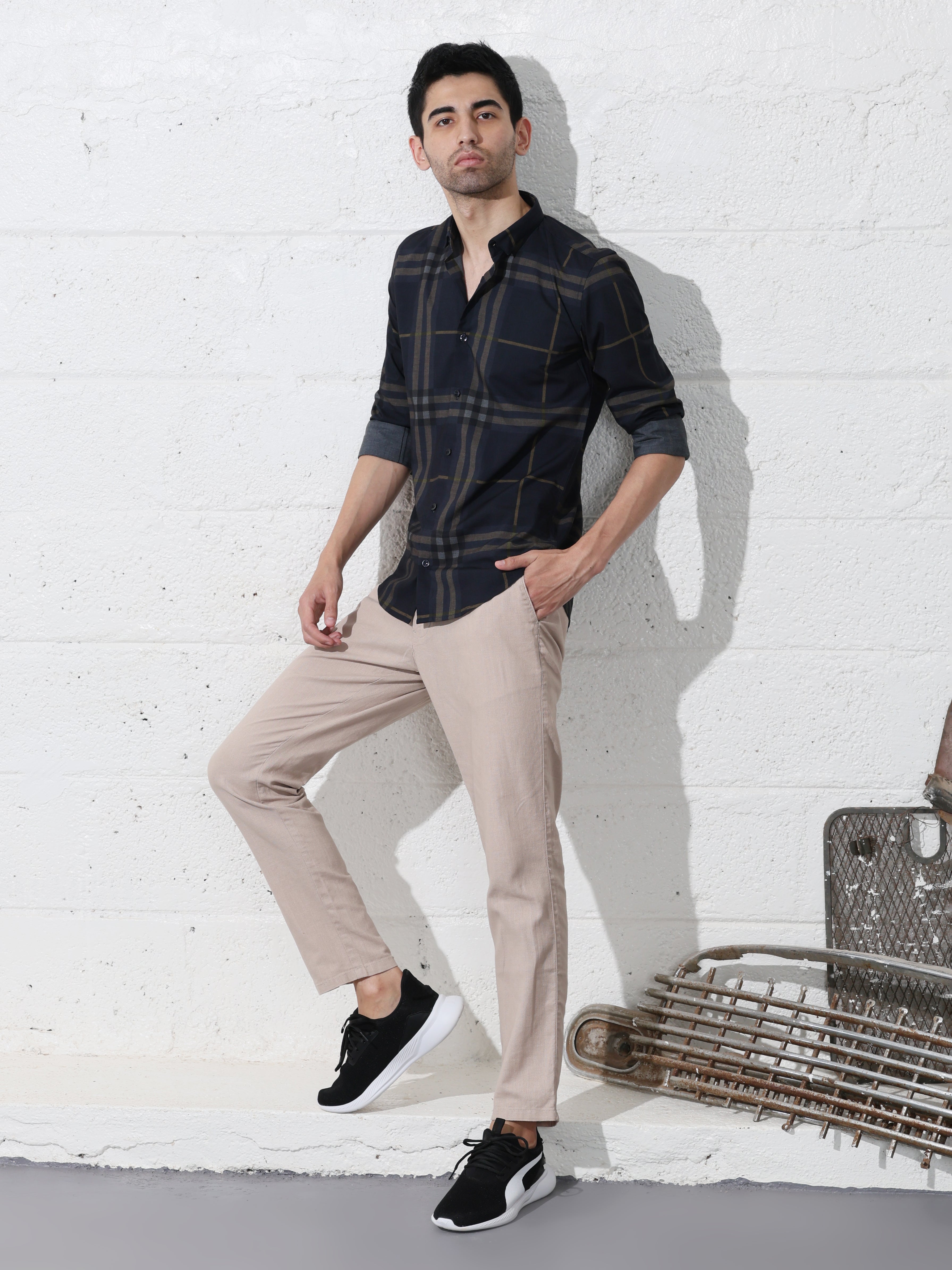 Navy blue slim fit digital checks printed shirt