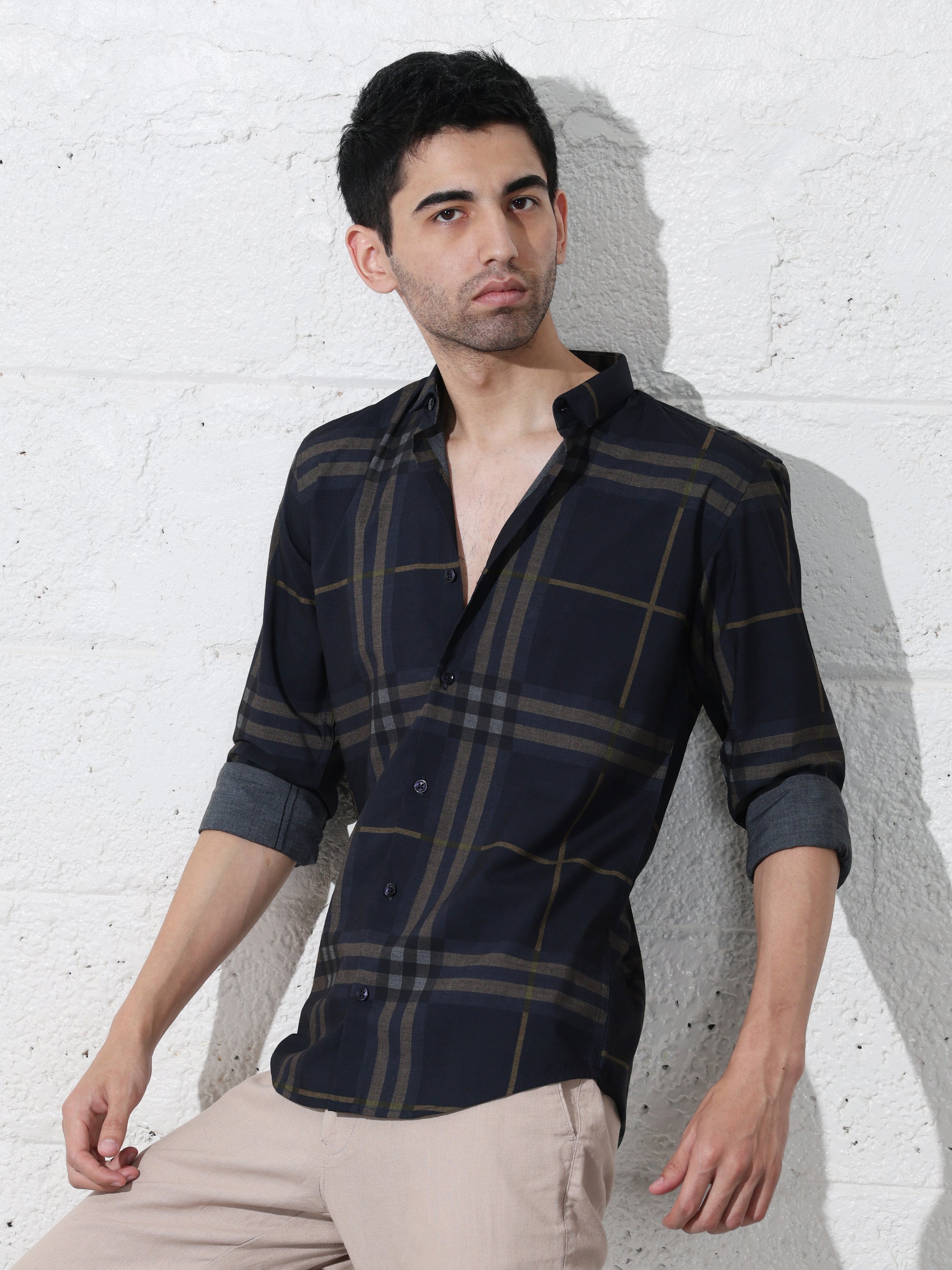 Navy blue slim fit digital checks printed shirt