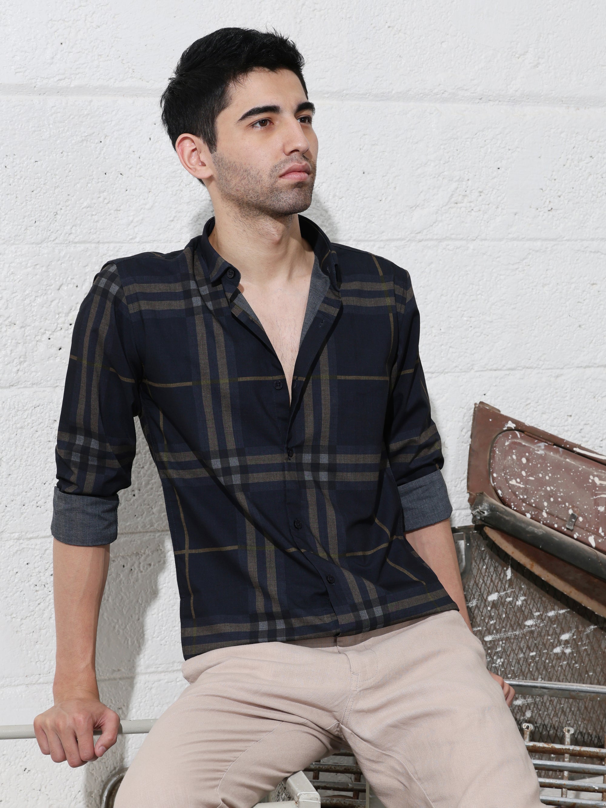 Navy blue slim fit digital checks printed shirt