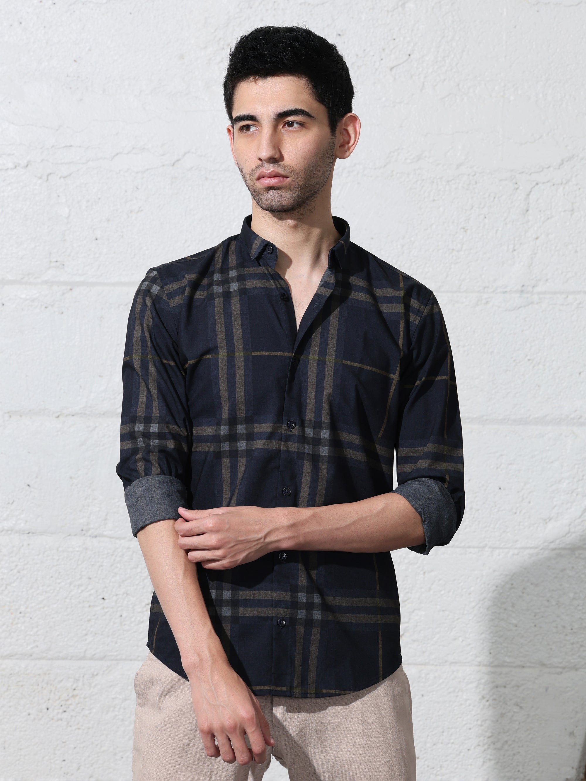 Navy blue slim fit digital checks printed shirt