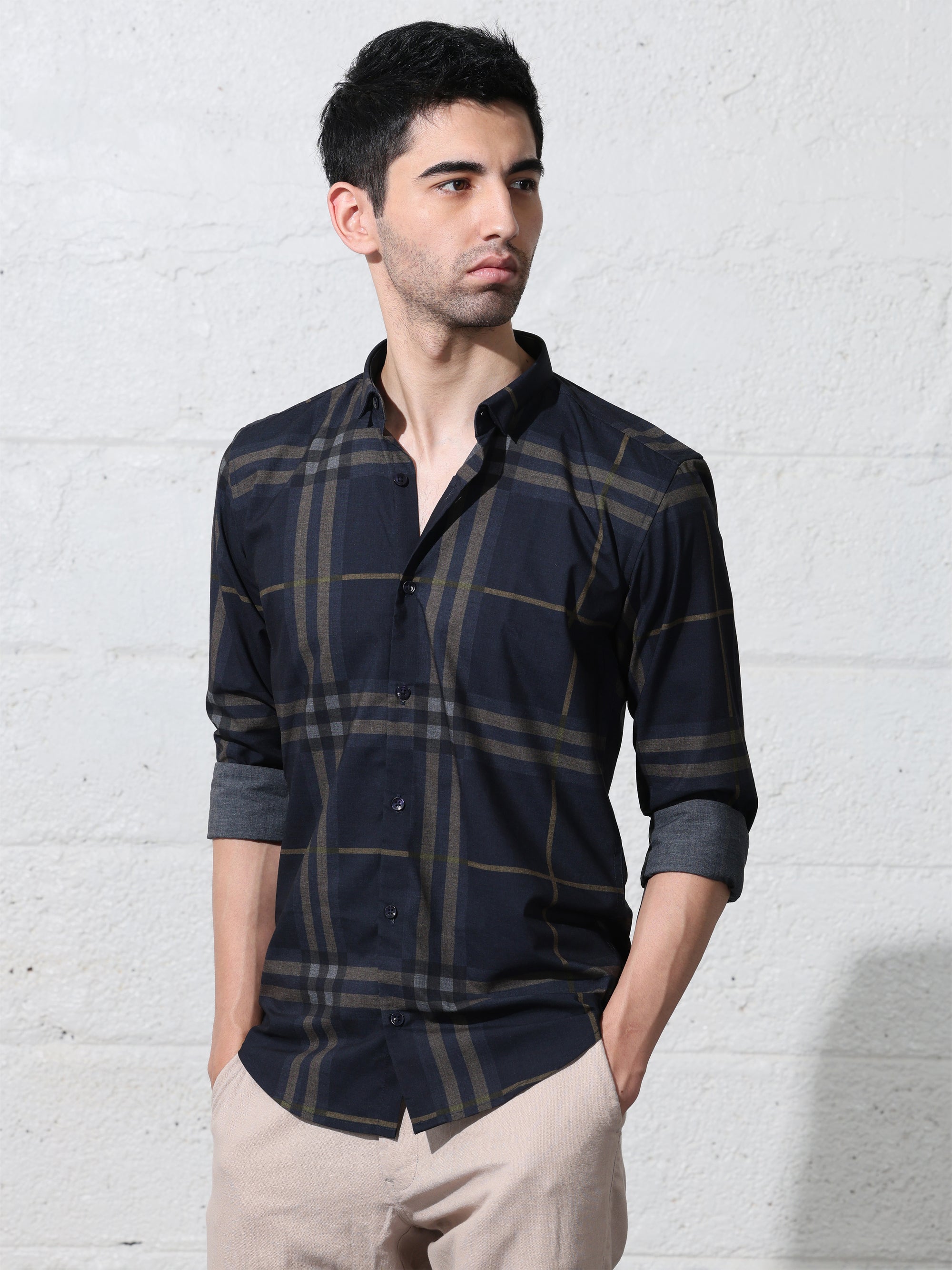 Navy blue slim fit digital checks printed shirt