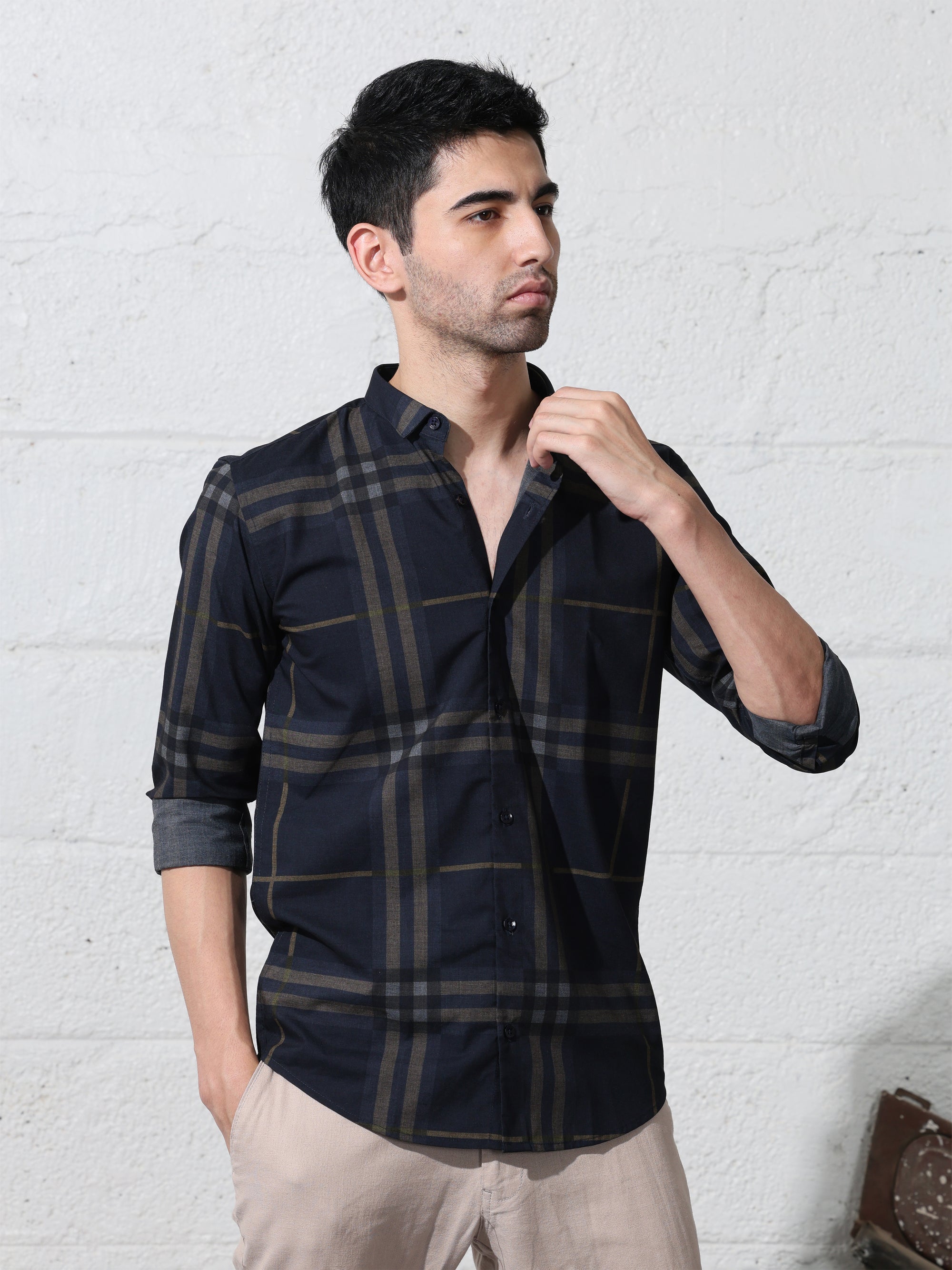 Navy blue slim fit digital checks printed shirt