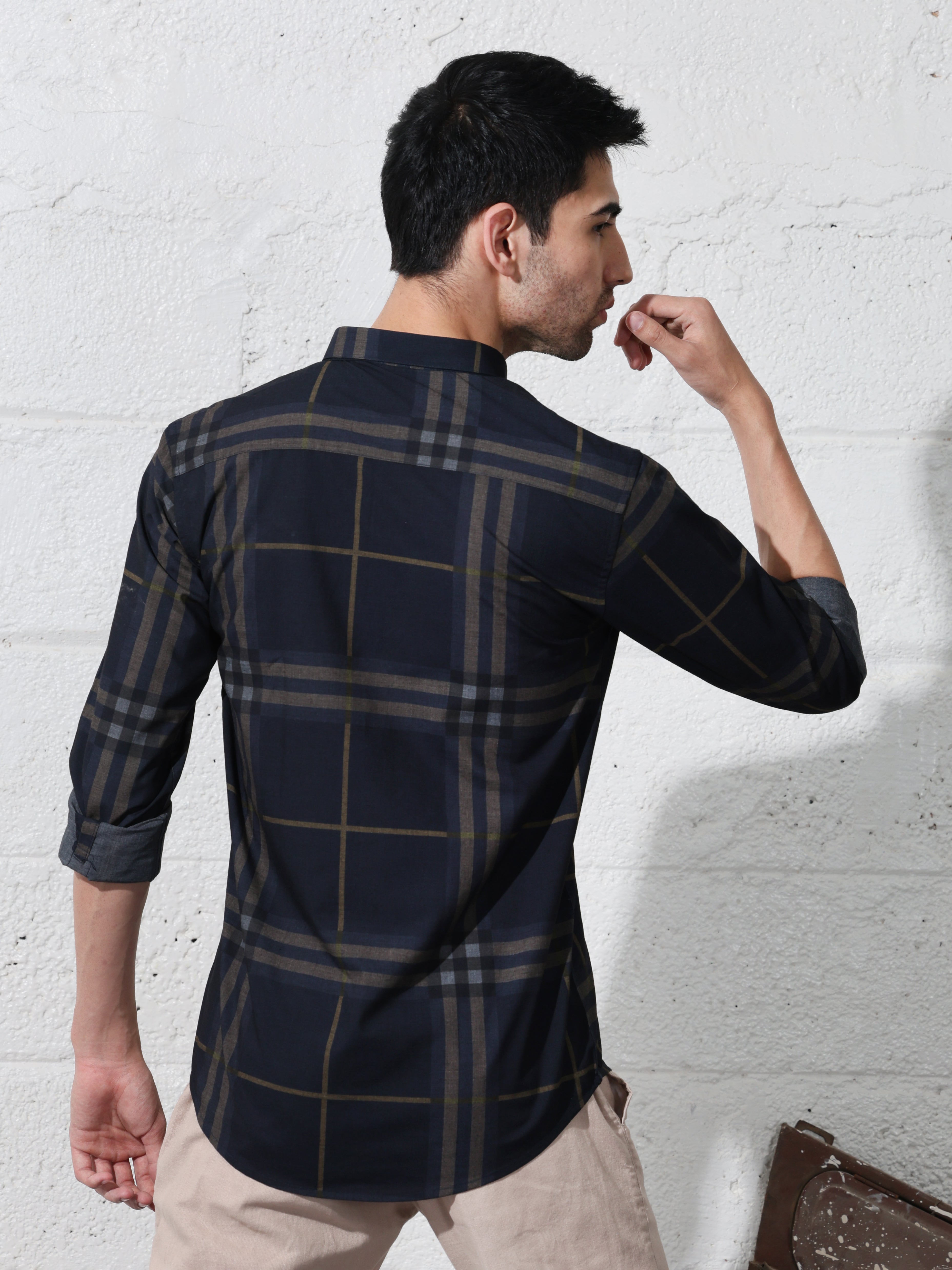 Navy blue slim fit digital checks printed shirt