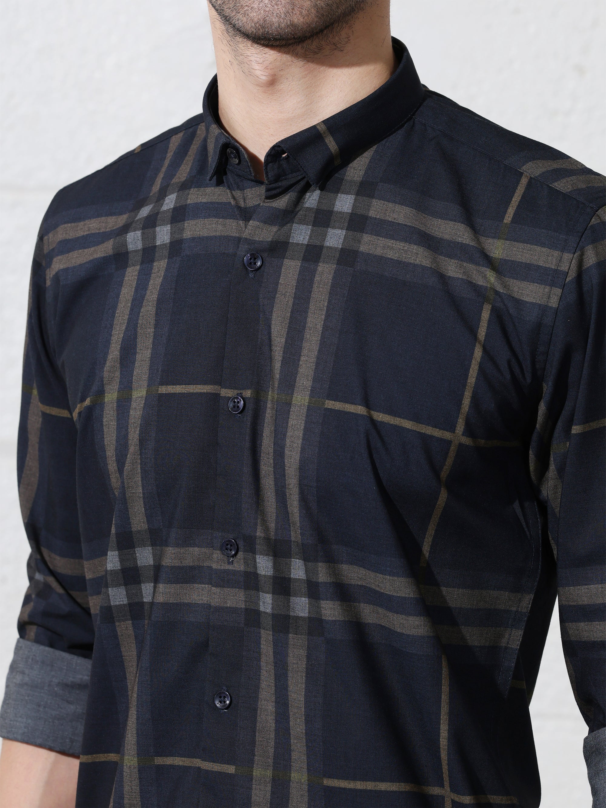Navy blue slim fit digital checks printed shirt
