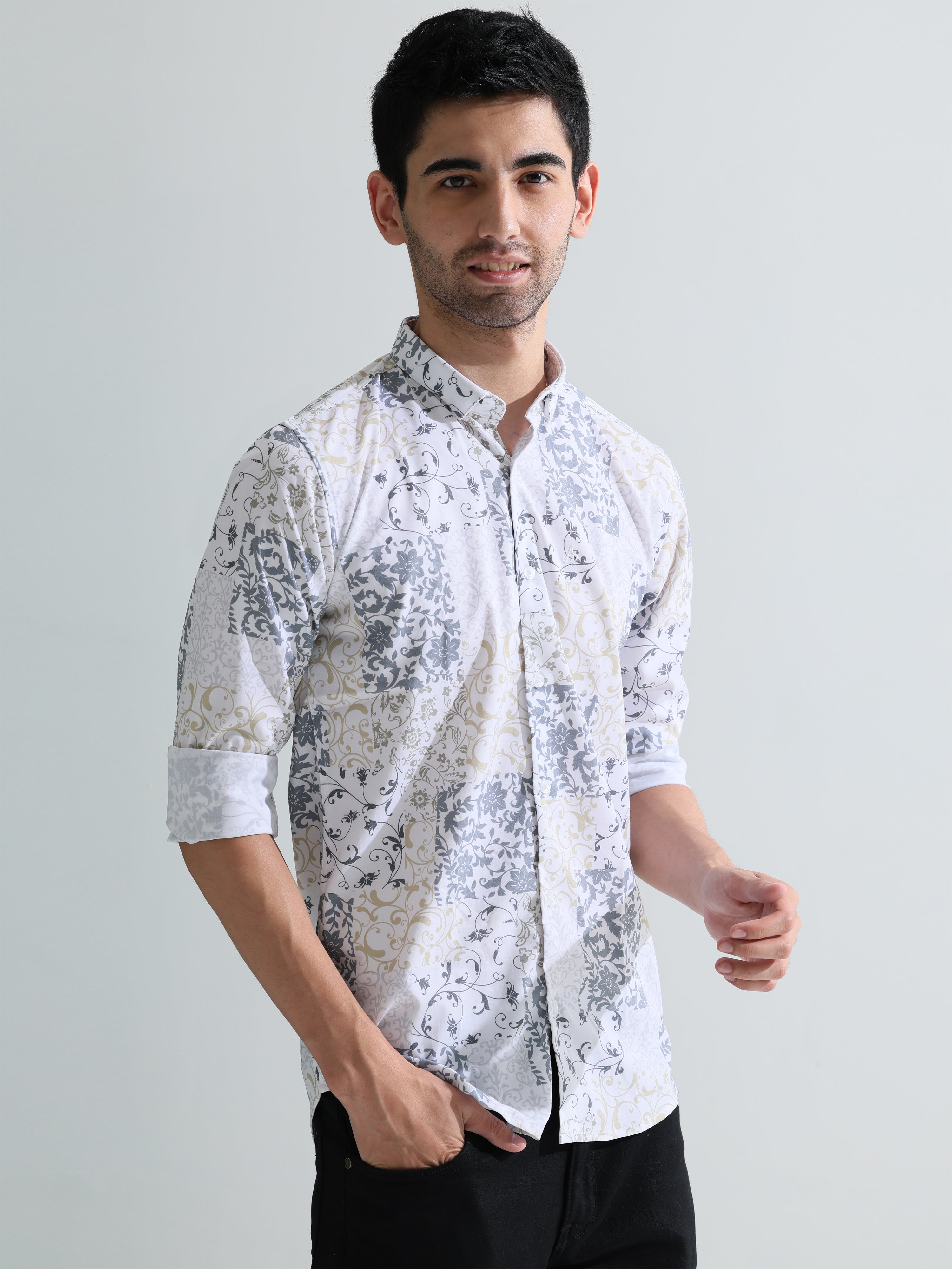 Mens white digital print slim fit shirts - Address