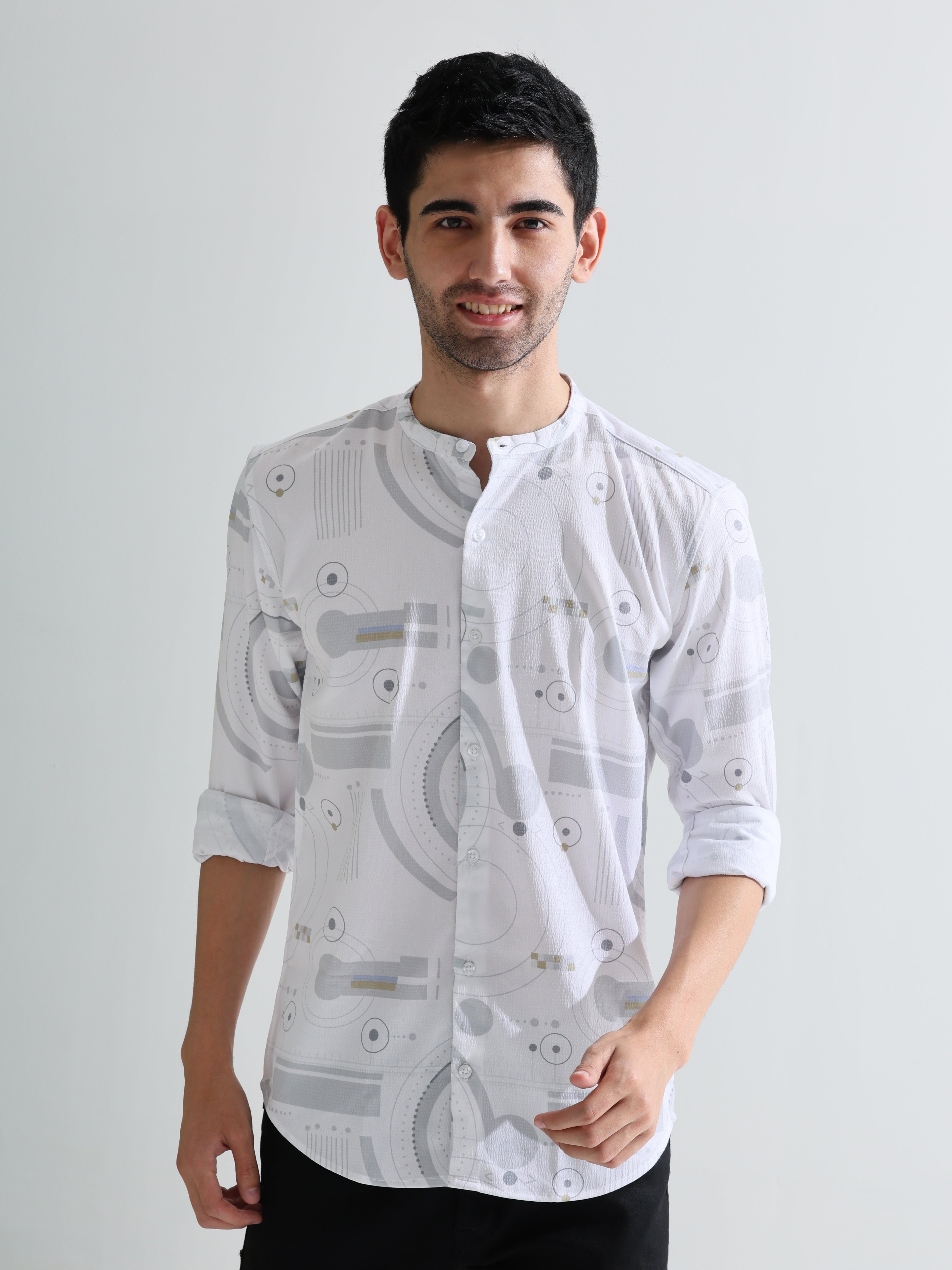 Mandarin collar digital print slim fit shirts - Address