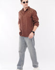 Leaves Embroidery Brown Relaxed Fit Shirt