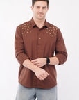 Leaves Embroidery Brown Relaxed Fit Shirt