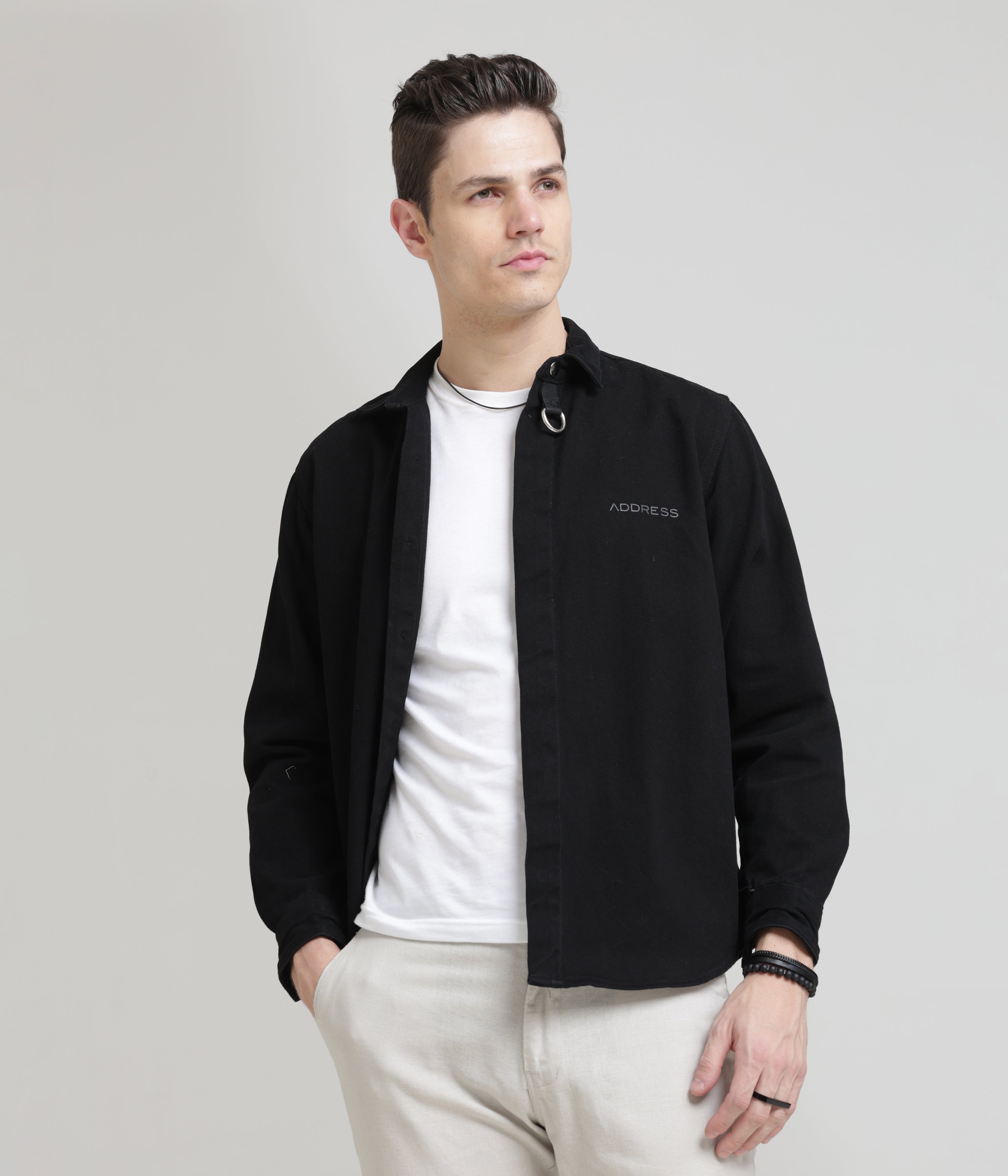 Black Classic Fit Heavy Twill Shirt: Hidden Placket, All-Day Comfort