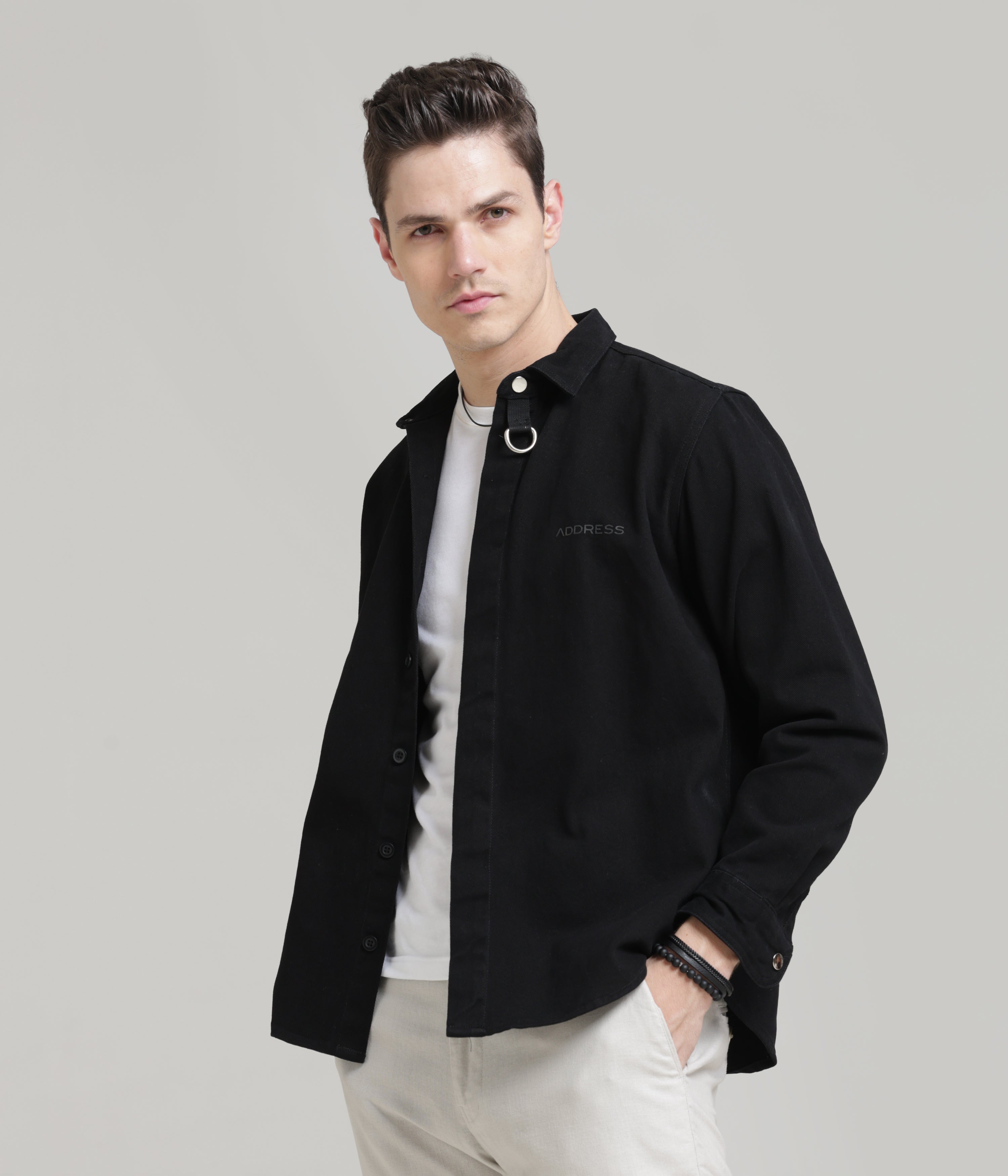 Black Classic Fit Heavy Twill Shirt: Hidden Placket, All-Day Comfort