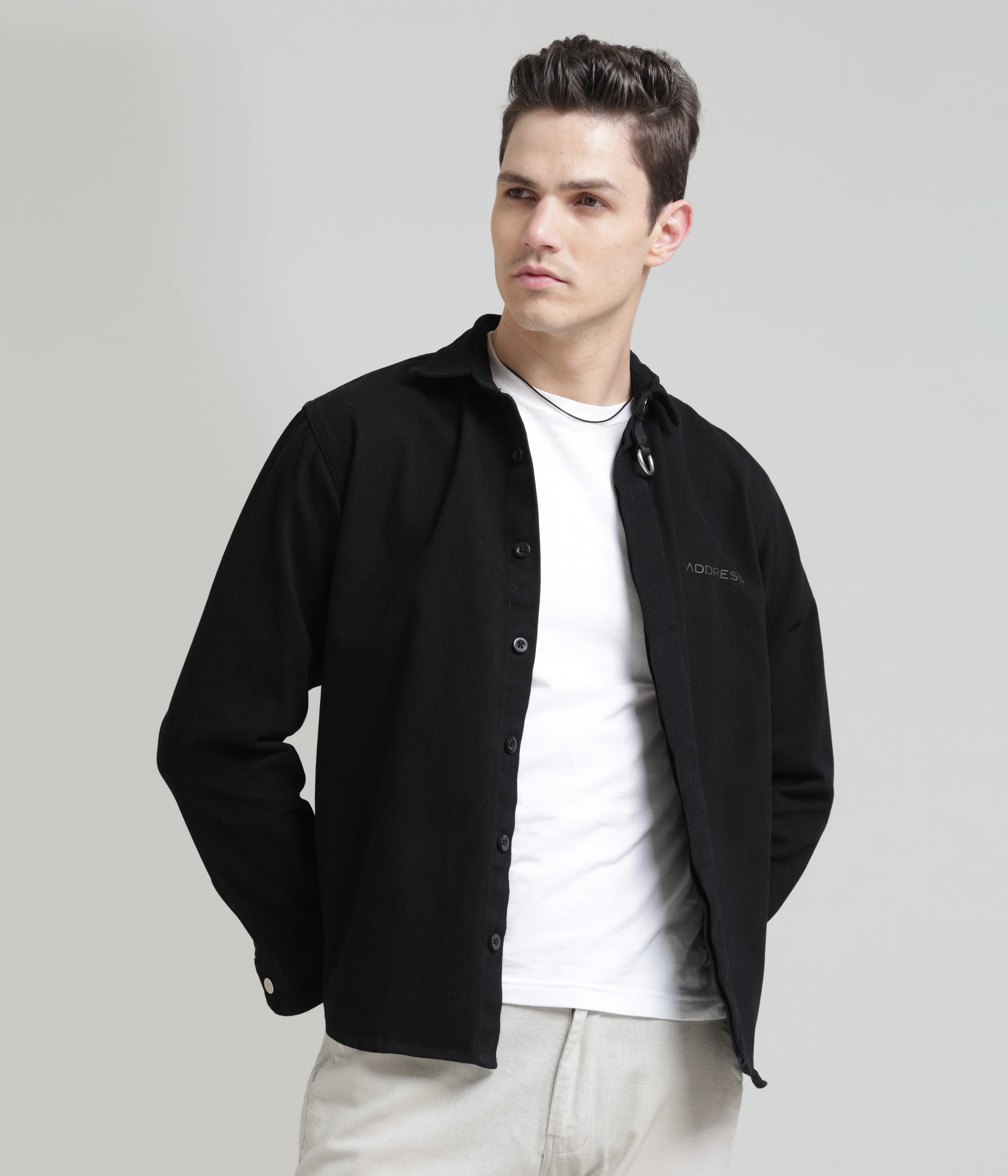 Black Classic Fit Heavy Twill Shirt: Hidden Placket, All-Day Comfort