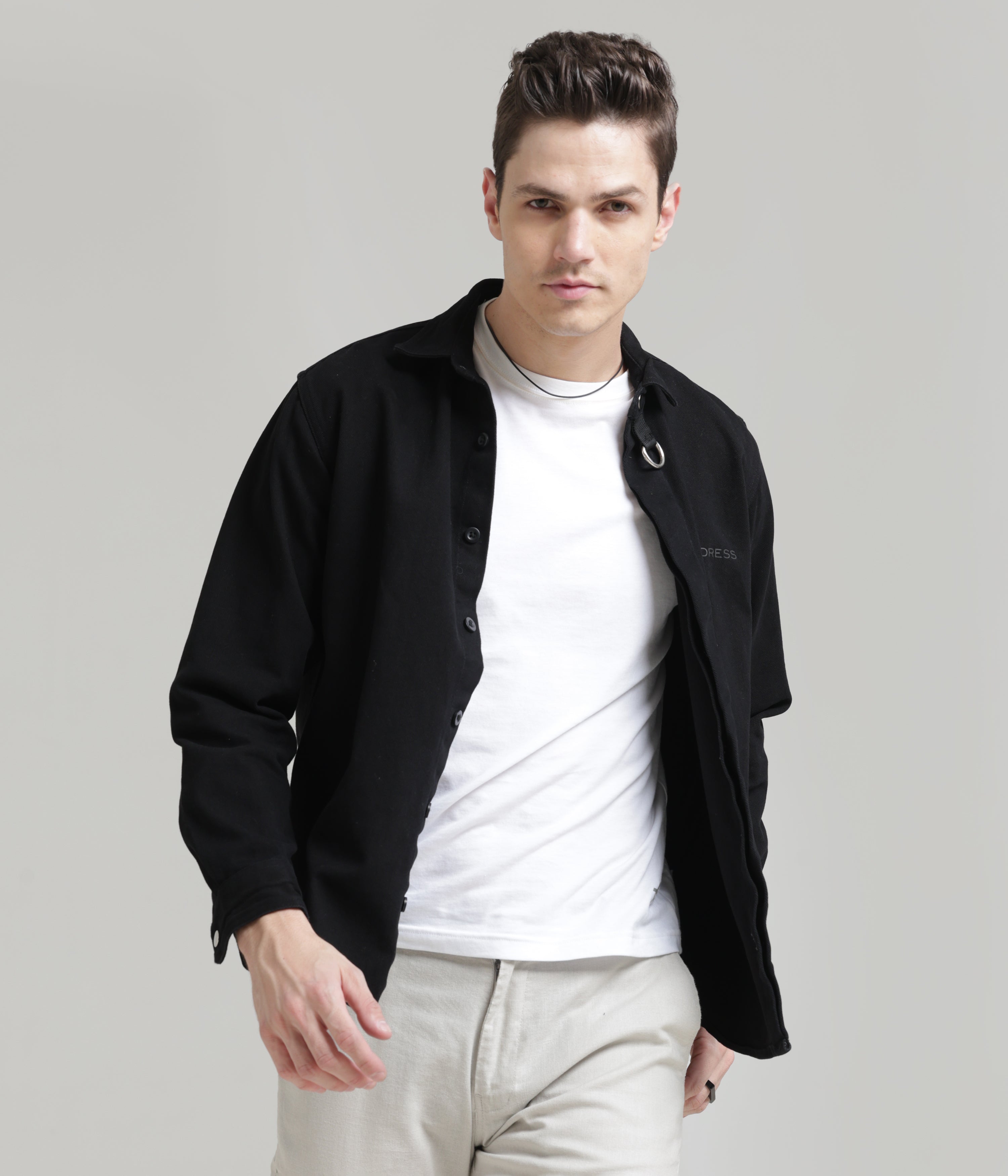 Black Classic Fit Heavy Twill Shirt: Hidden Placket, All-Day Comfort