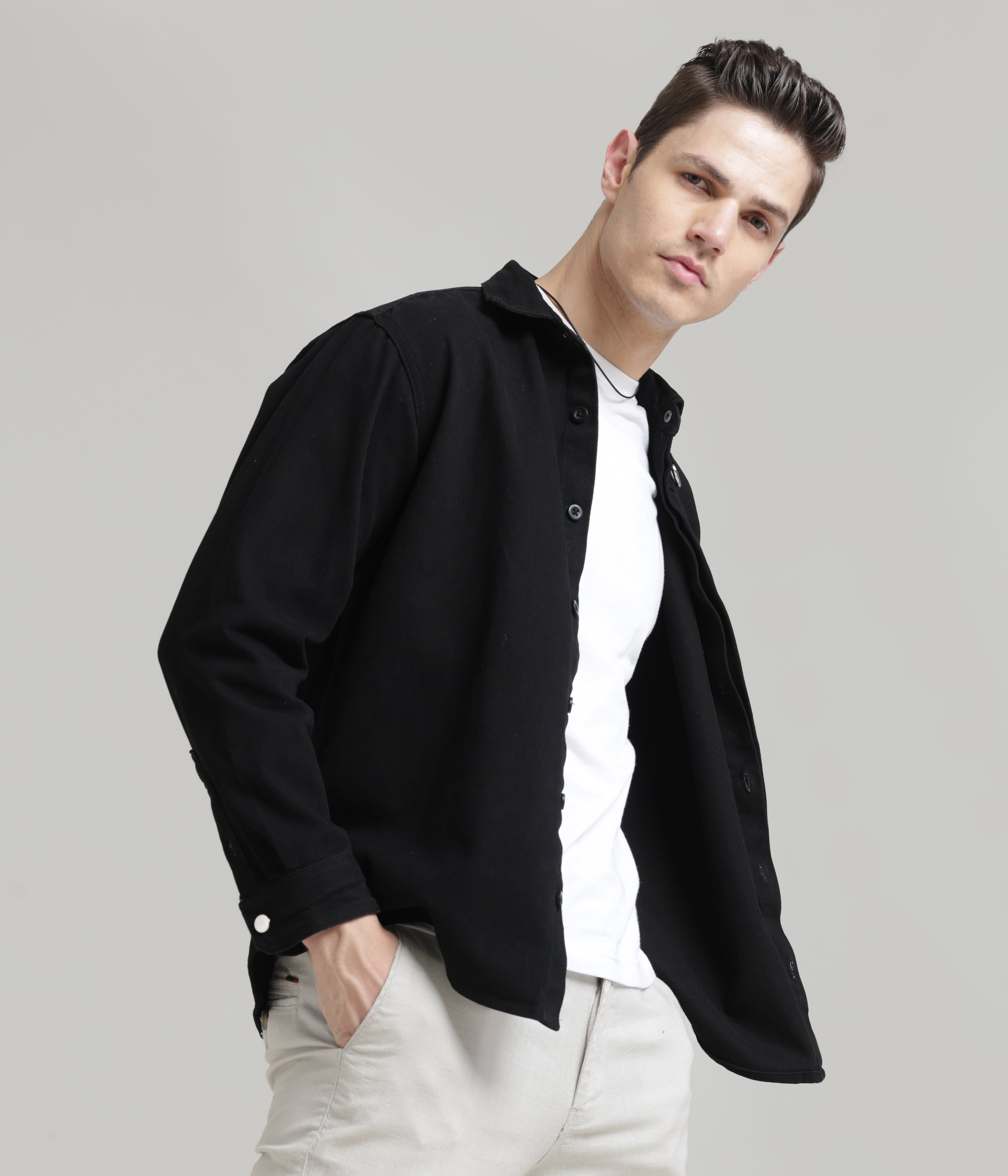 Black Classic Fit Heavy Twill Shirt: Hidden Placket, All-Day Comfort
