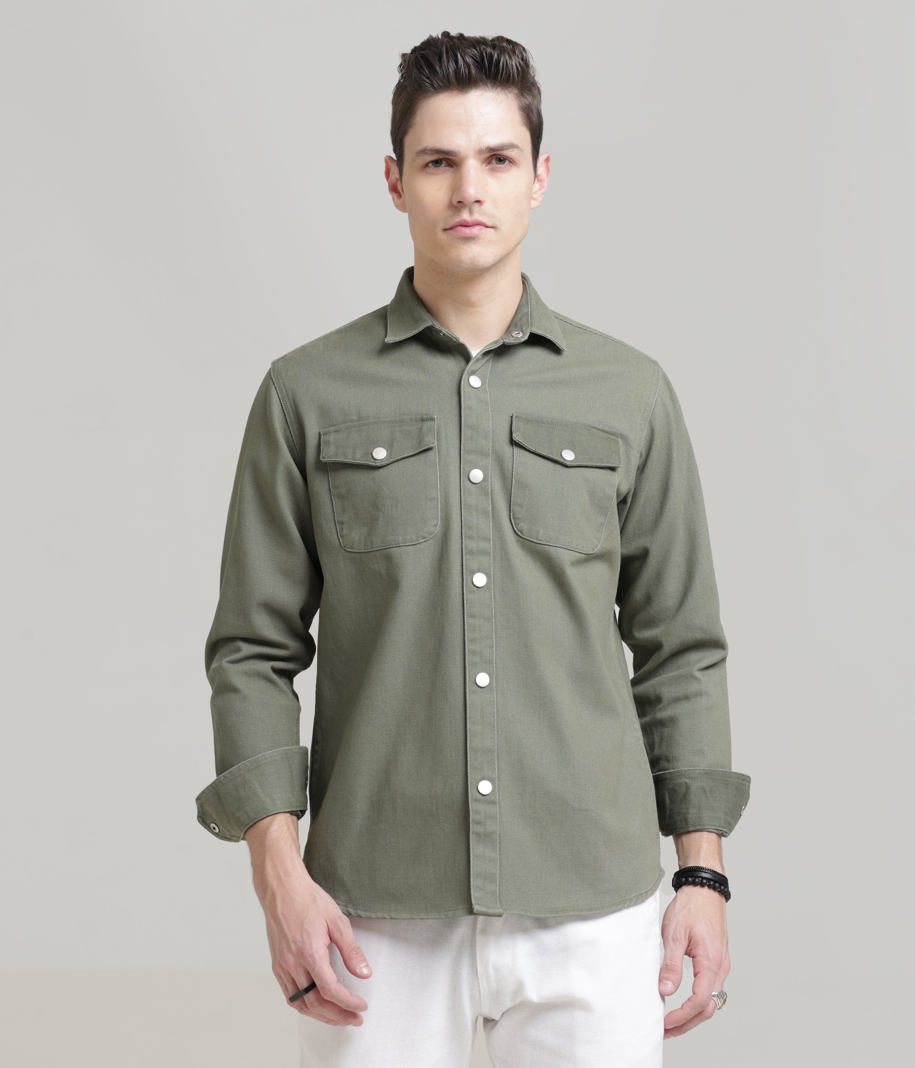Olive Classic Fit Double Pocket Shirt in Heavy Twill Cotton