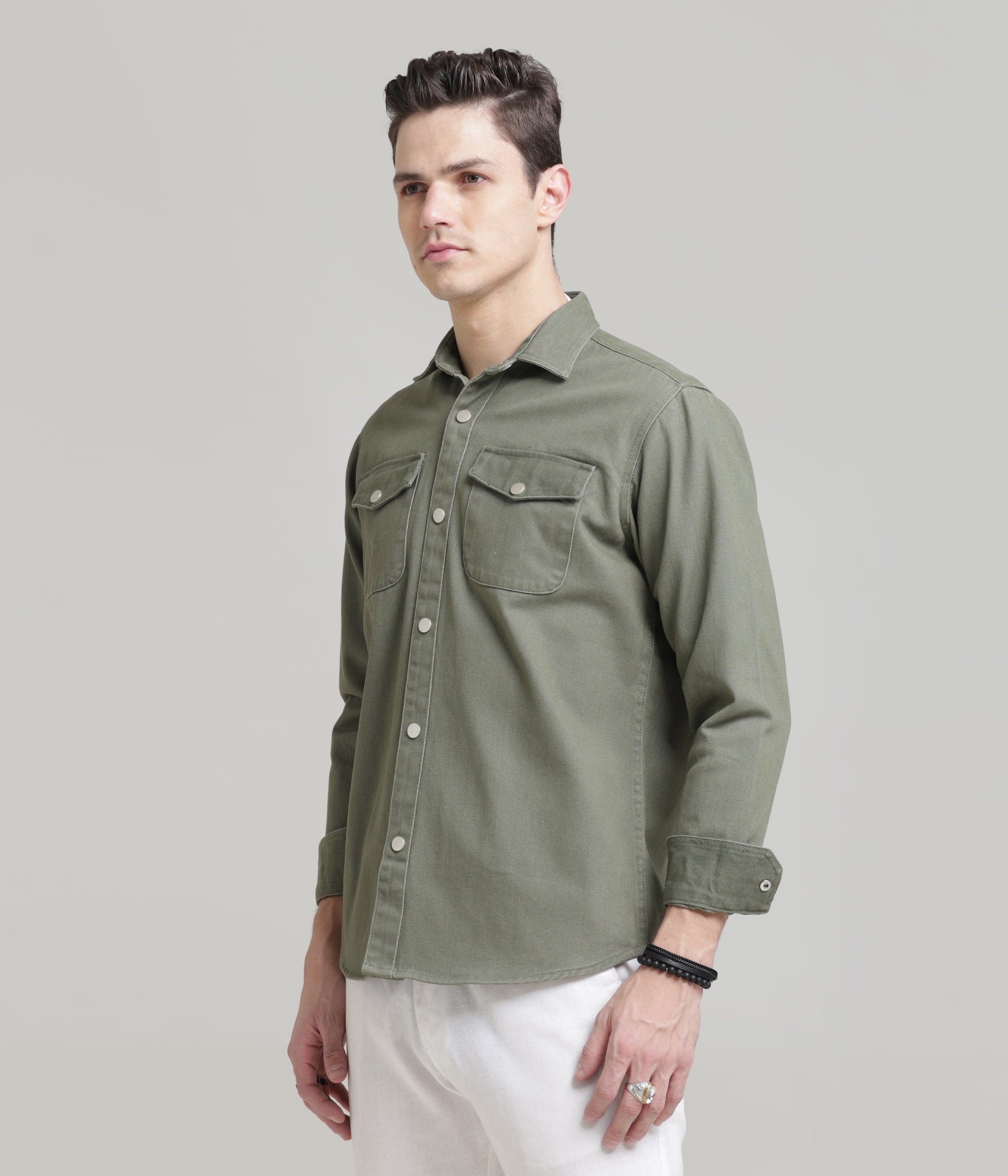 Olive Classic Fit Double Pocket Shirt in Heavy Twill Cotton
