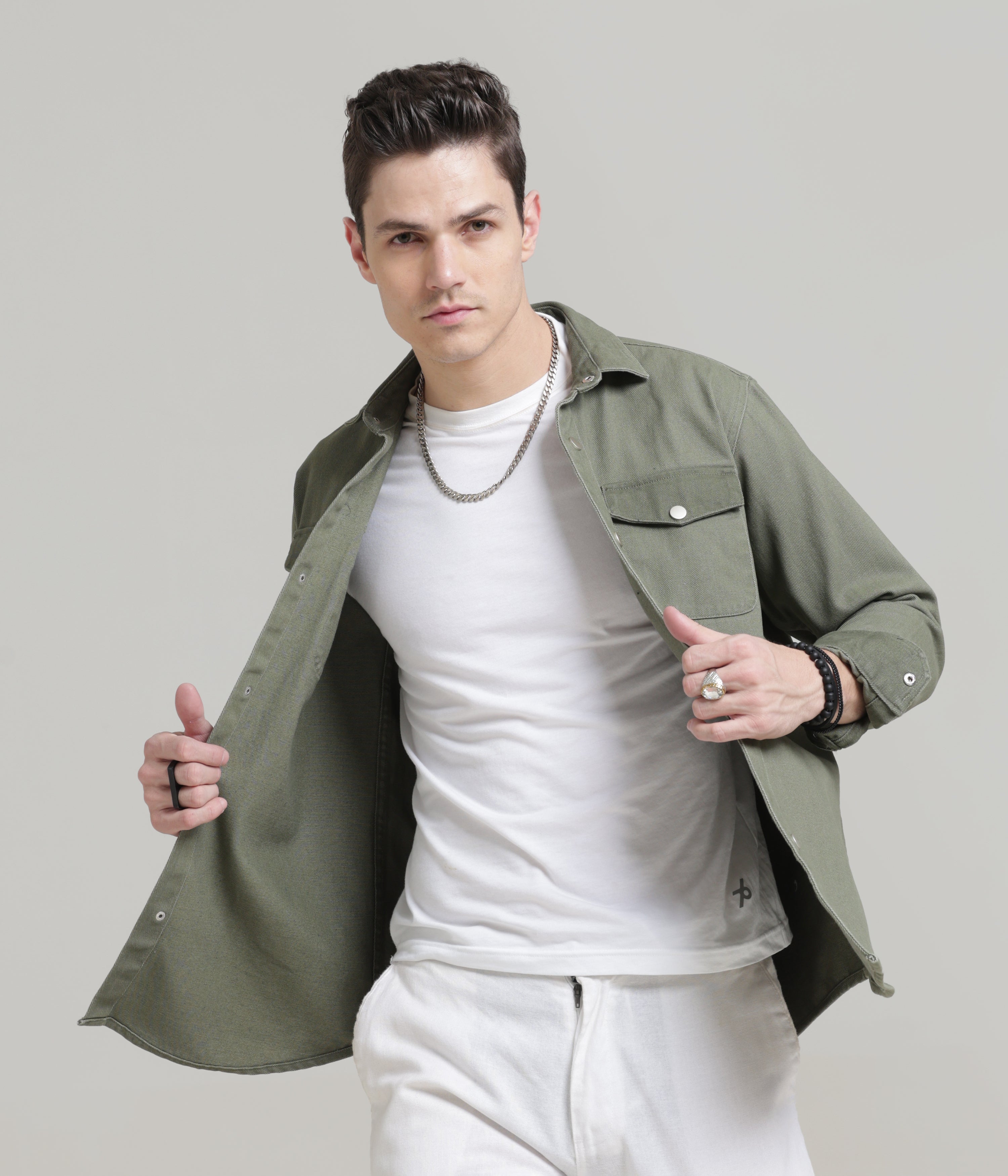 Olive Classic Fit Double Pocket Shirt in Heavy Twill Cotton