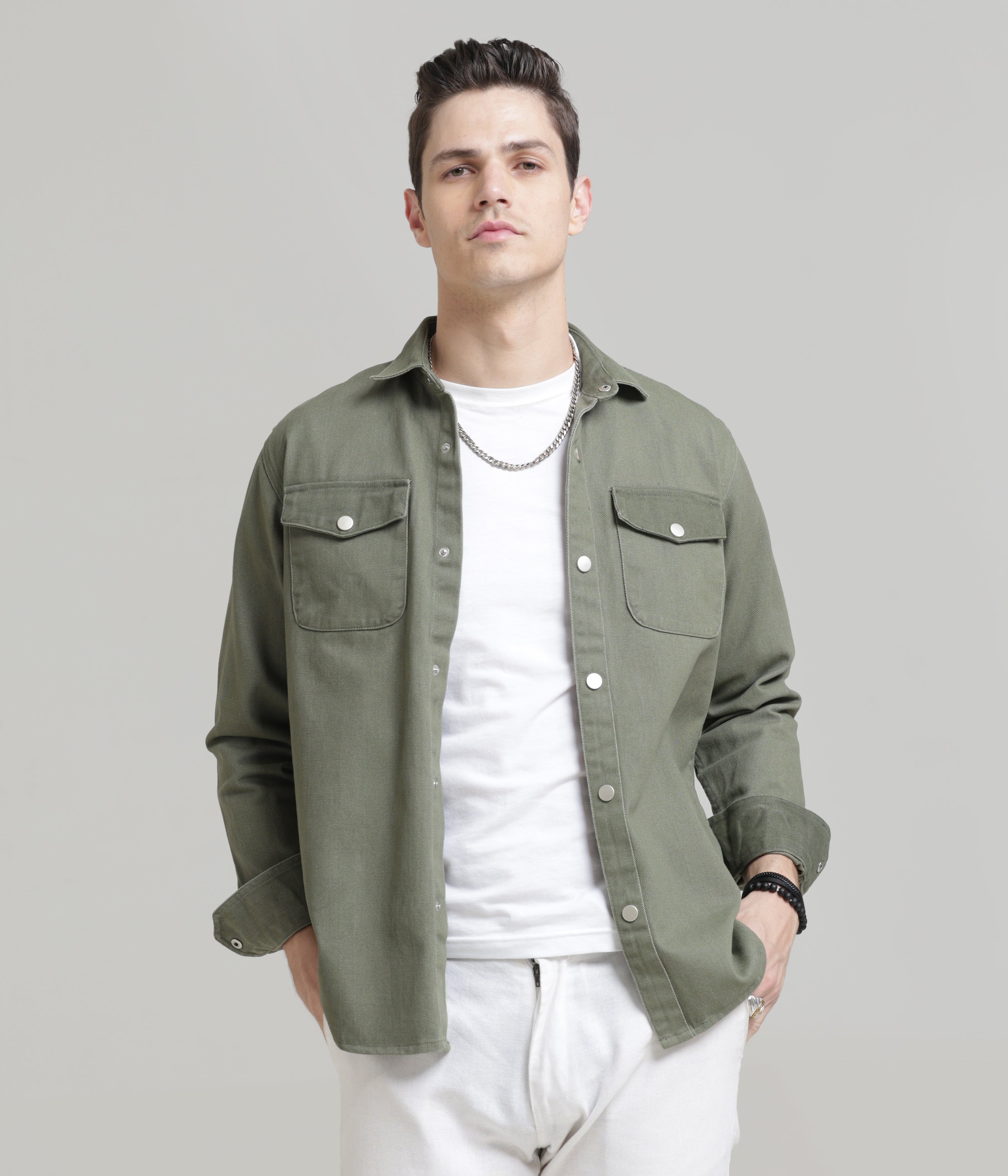 Olive Classic Fit Double Pocket Shirt in Heavy Twill Cotton