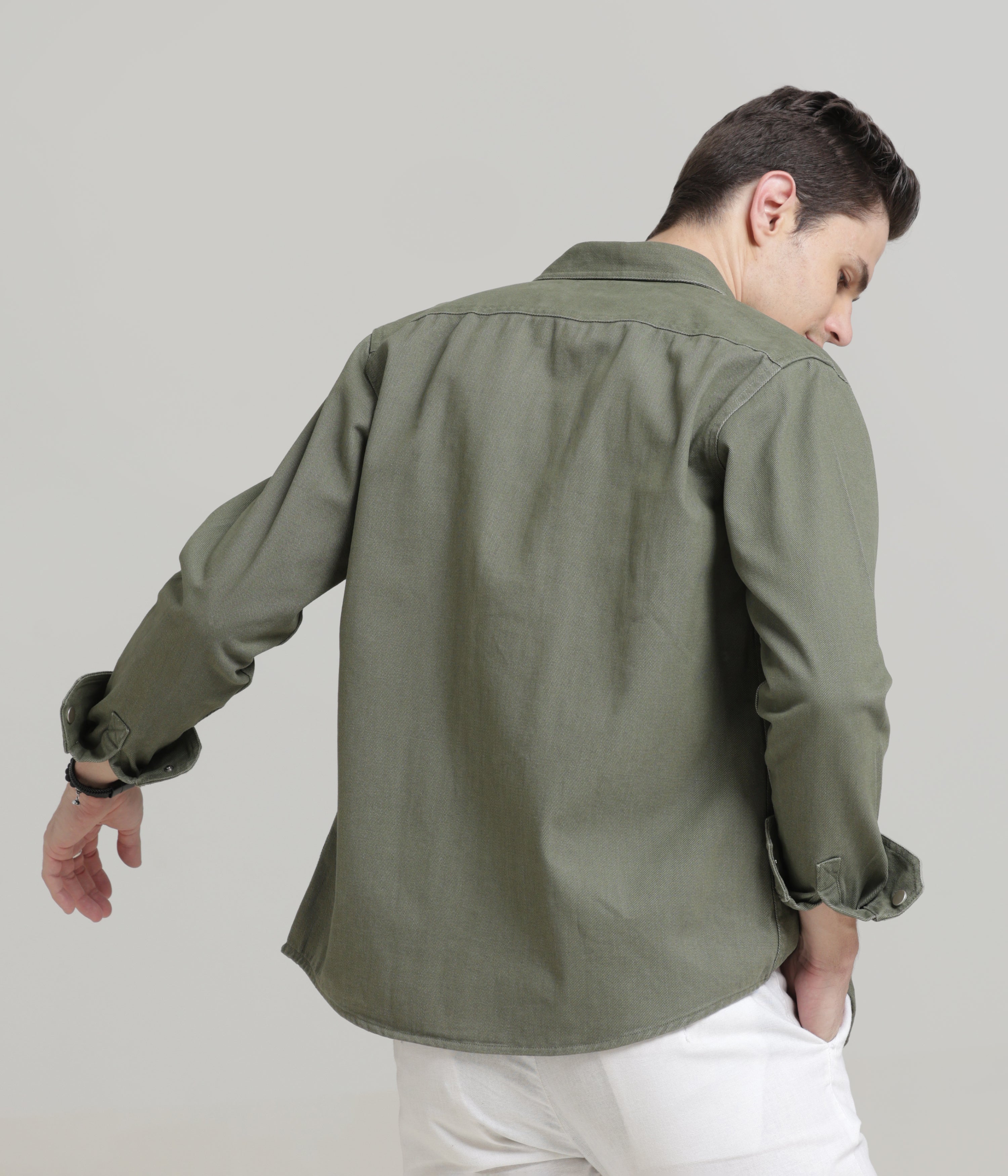 Olive Classic Fit Double Pocket Shirt in Heavy Twill Cotton
