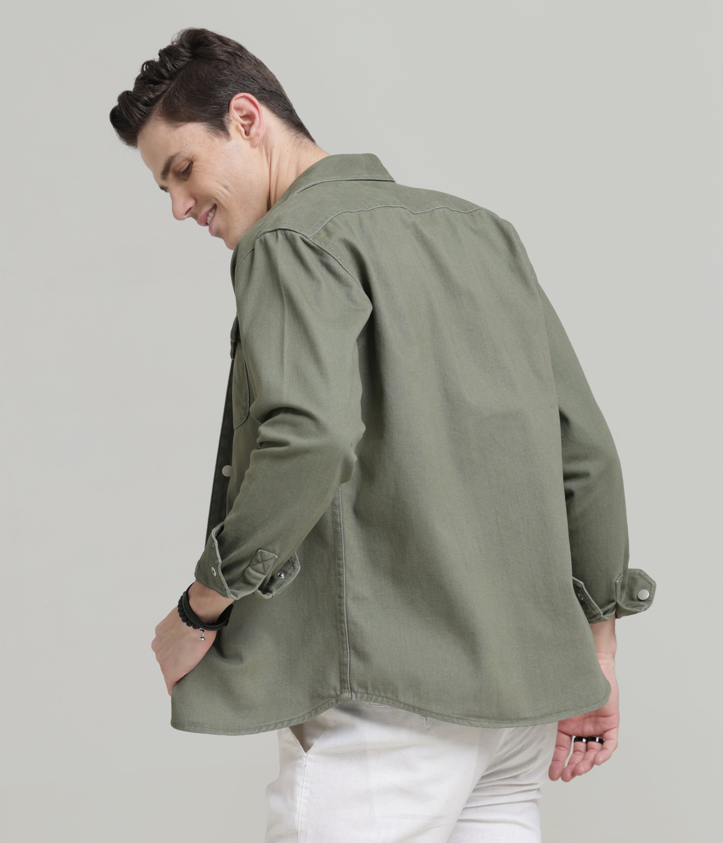 Olive Classic Fit Double Pocket Shirt in Heavy Twill Cotton